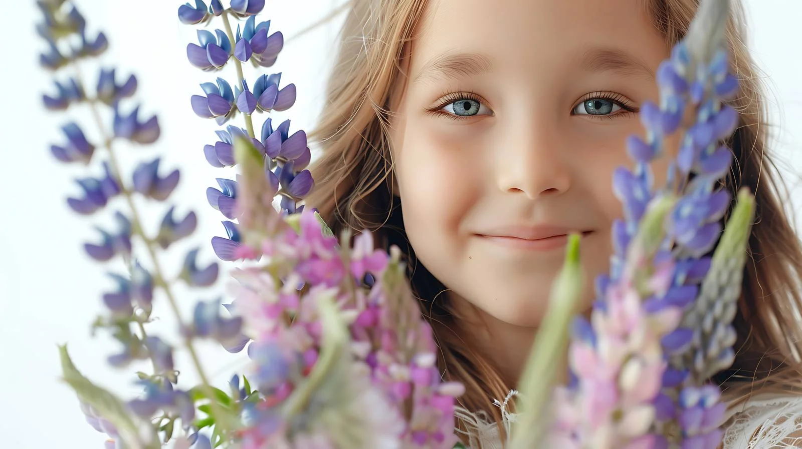 Innocent girl holding lupine flower bouquet — free download from Dotvec