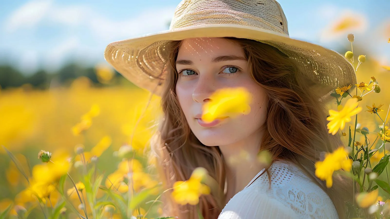 Graceful young woman amidst blooming Iva — free download from Dotvec