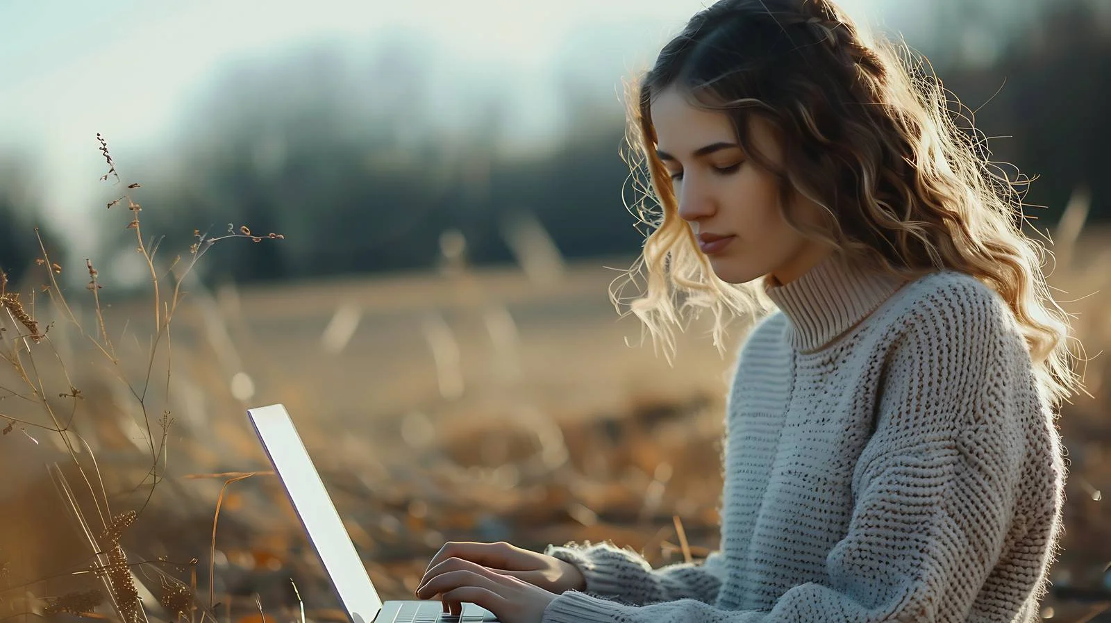 Woman working on laptop in natural setting — free download from Dotvec