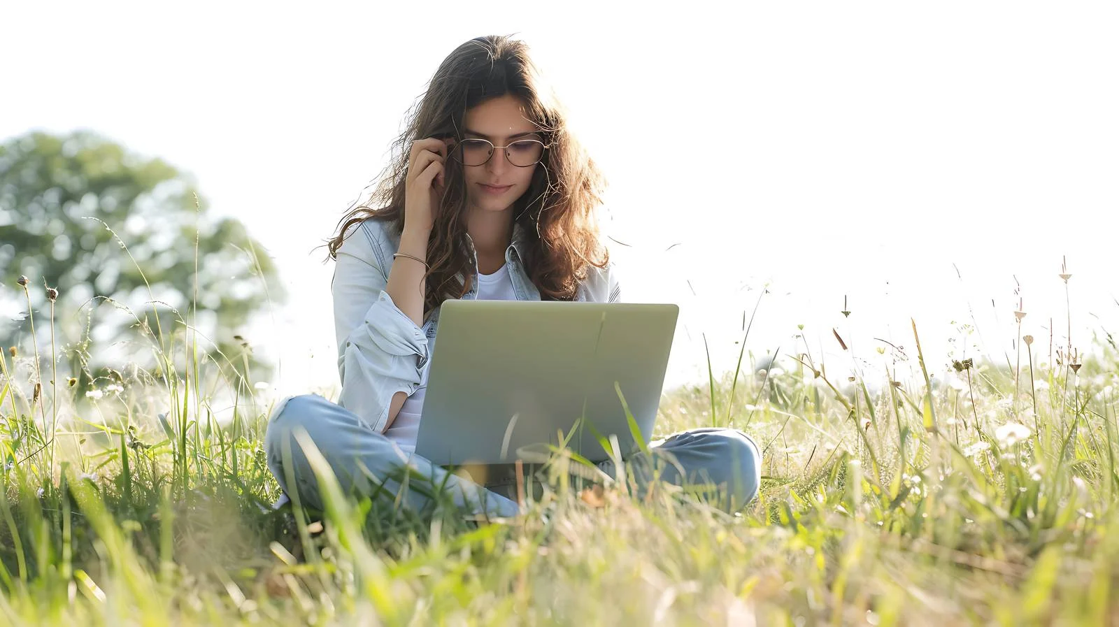 Young woman working on laptop outdoors — free download from Dotvec