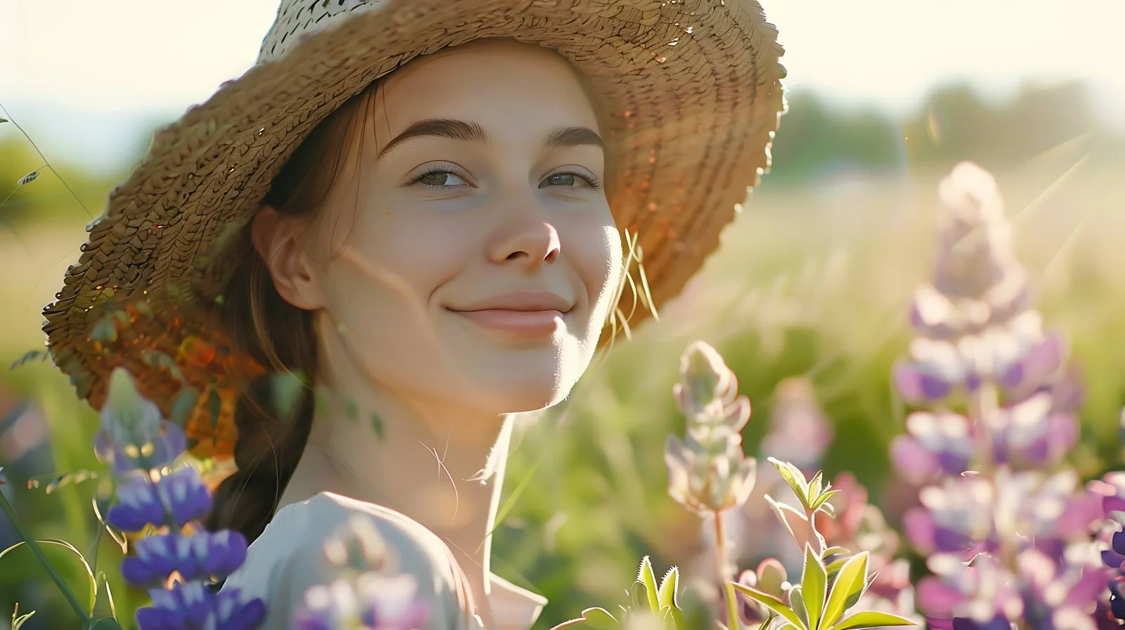 Graceful Woman Holding Lupines Outdoors — free download from Dotvec