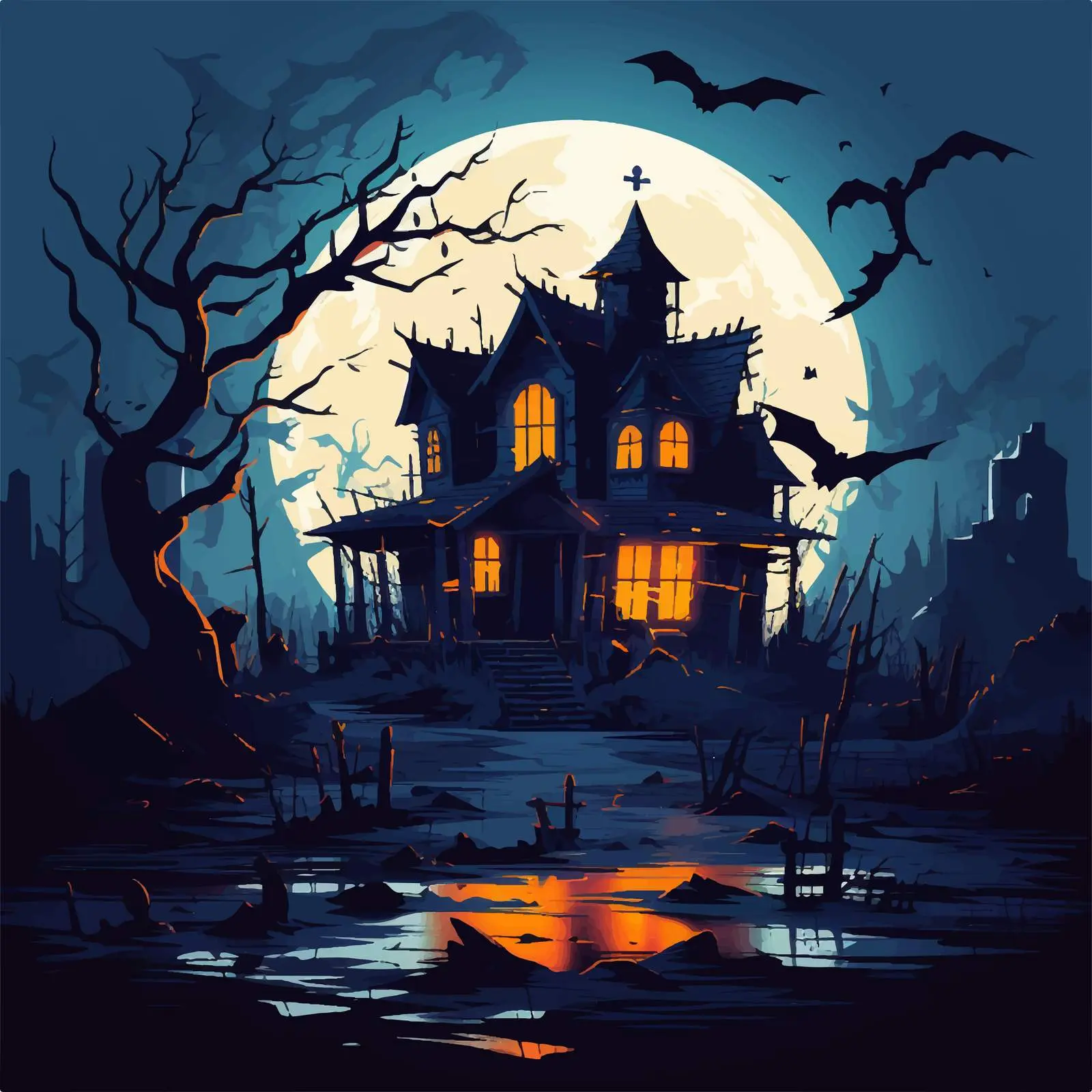 Abandoned House Night Illustration Vector – free nighttime landscape image from Dotvec