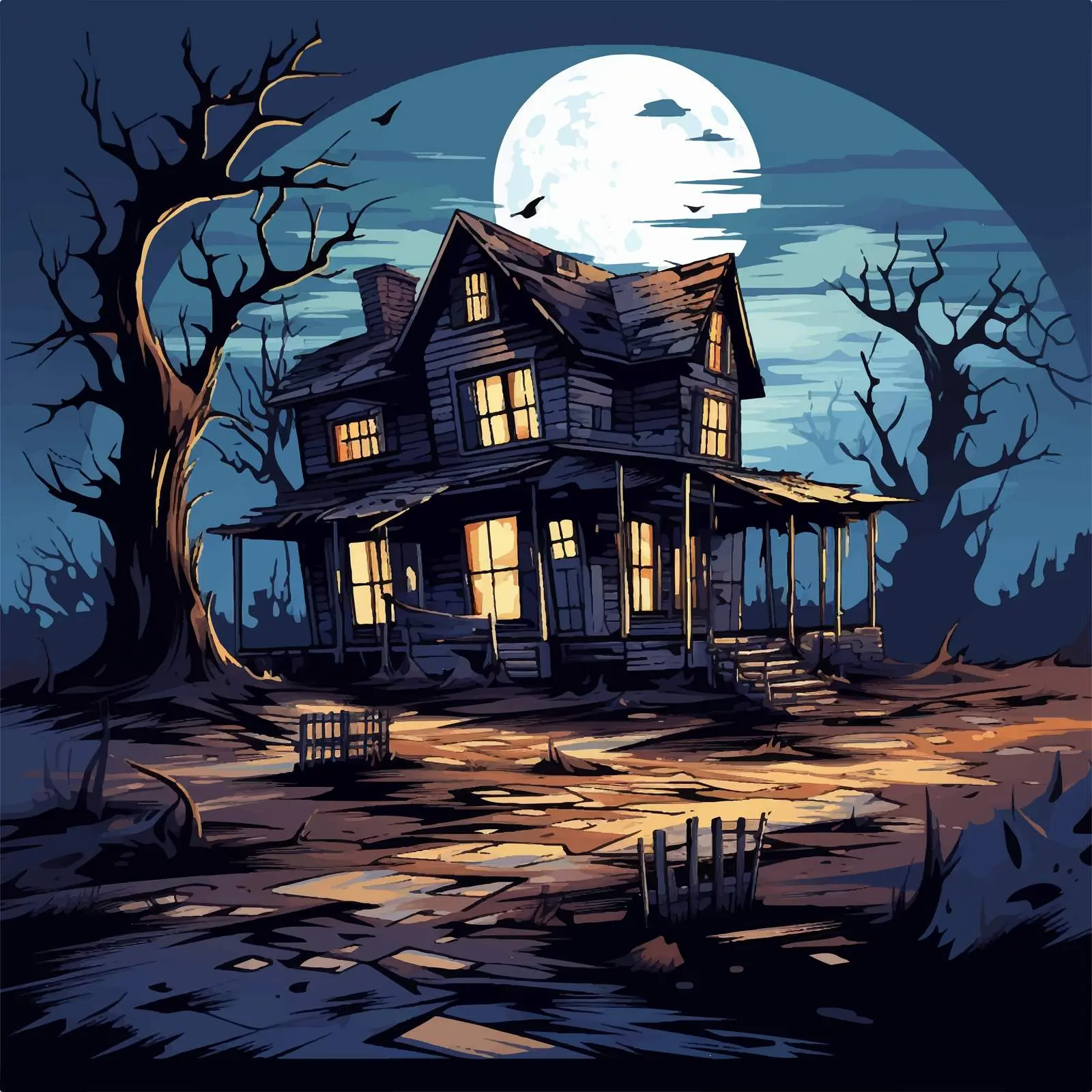 Cartoon Abandoned House at Night Illustration — free download from Dotvec