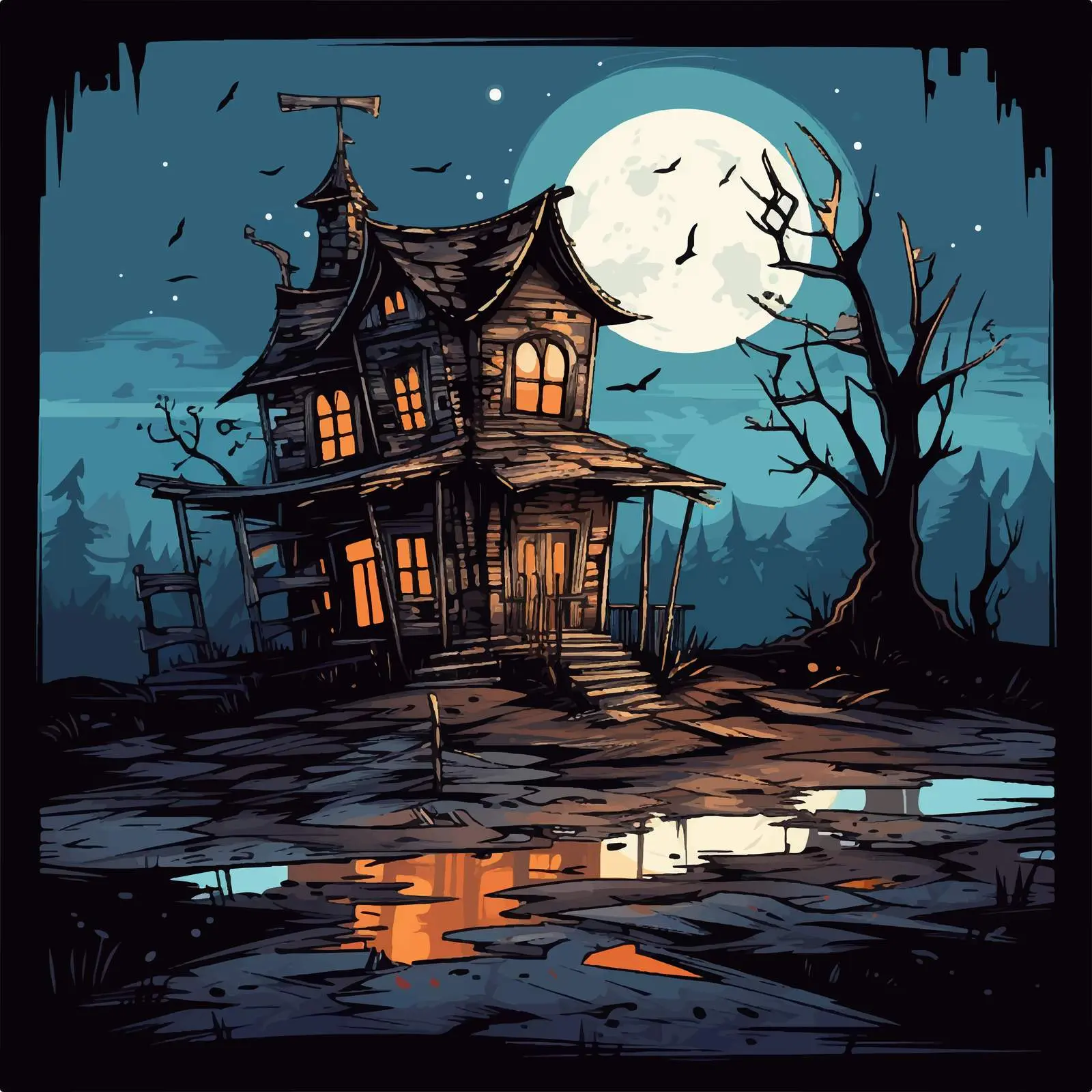 Abandoned House Night Illustration Vector Art – free creepy vector image from Dotvec