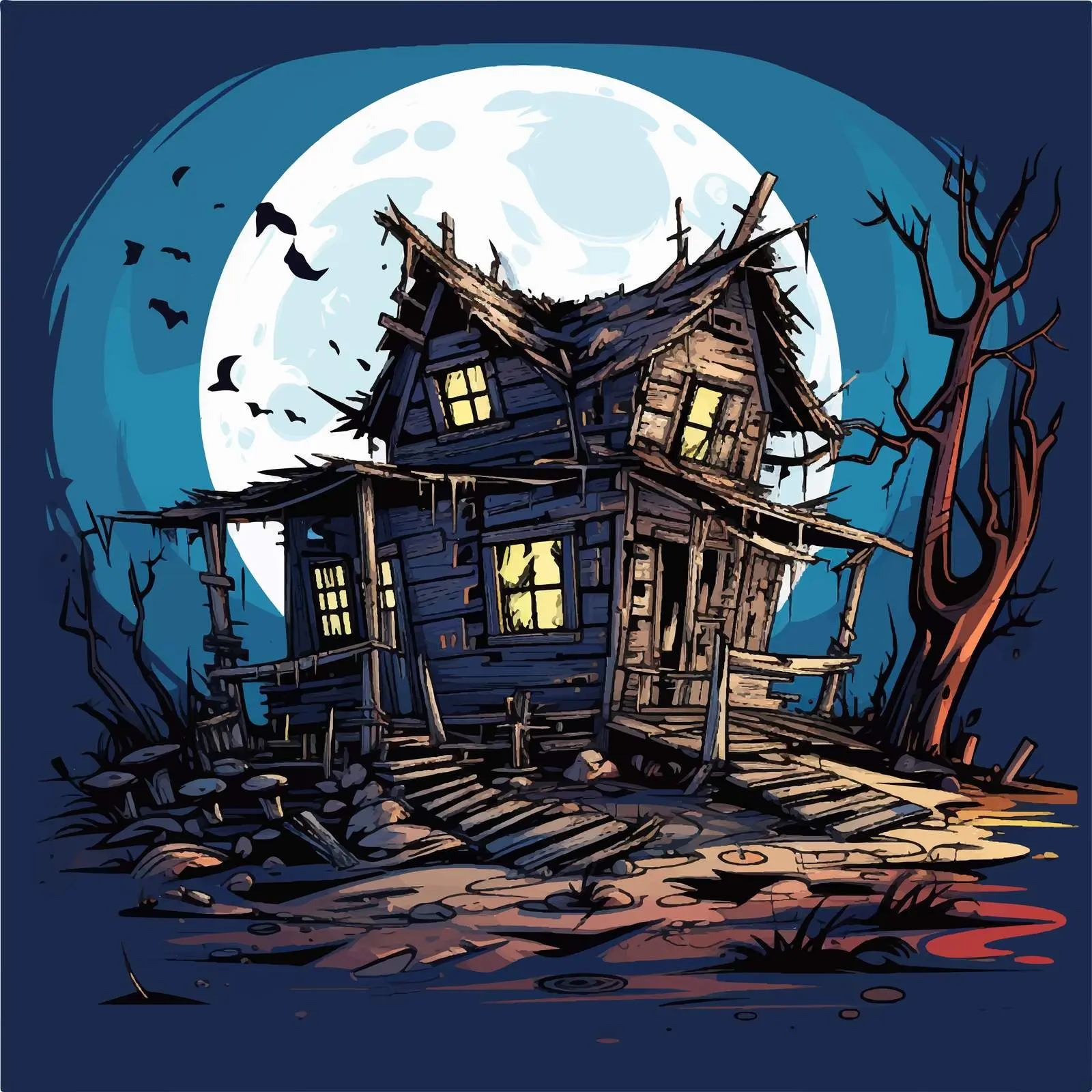 Abandoned House at Night Vector Illustration — free download from Dotvec