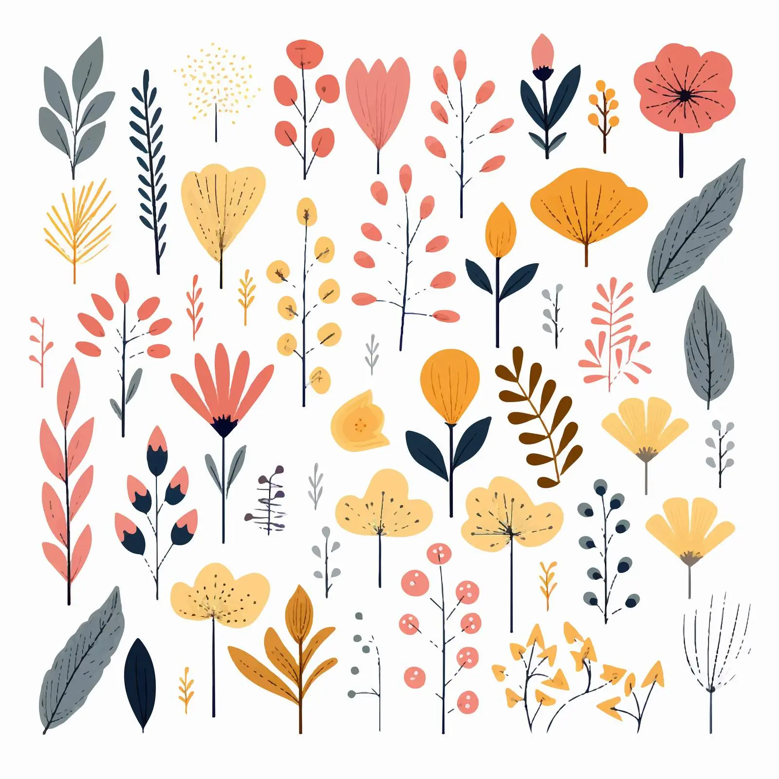 Abstract Wild Flowers and Leaves Botanical Vector Set – free stylized plants image from Dotvec