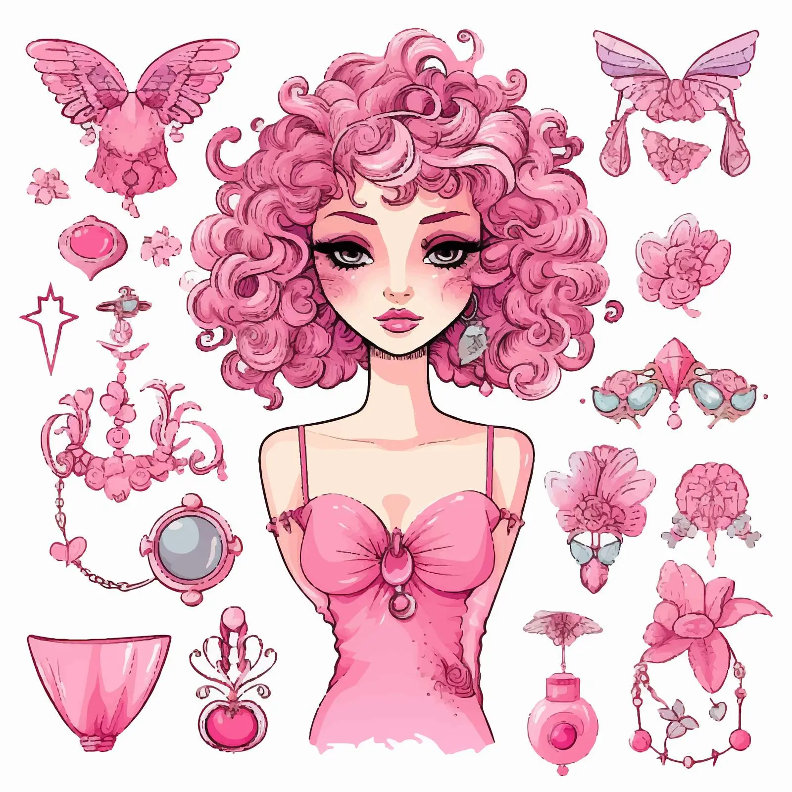 Doodle Style Pink Doll Accessory Set Portrait — free download from Dotvec