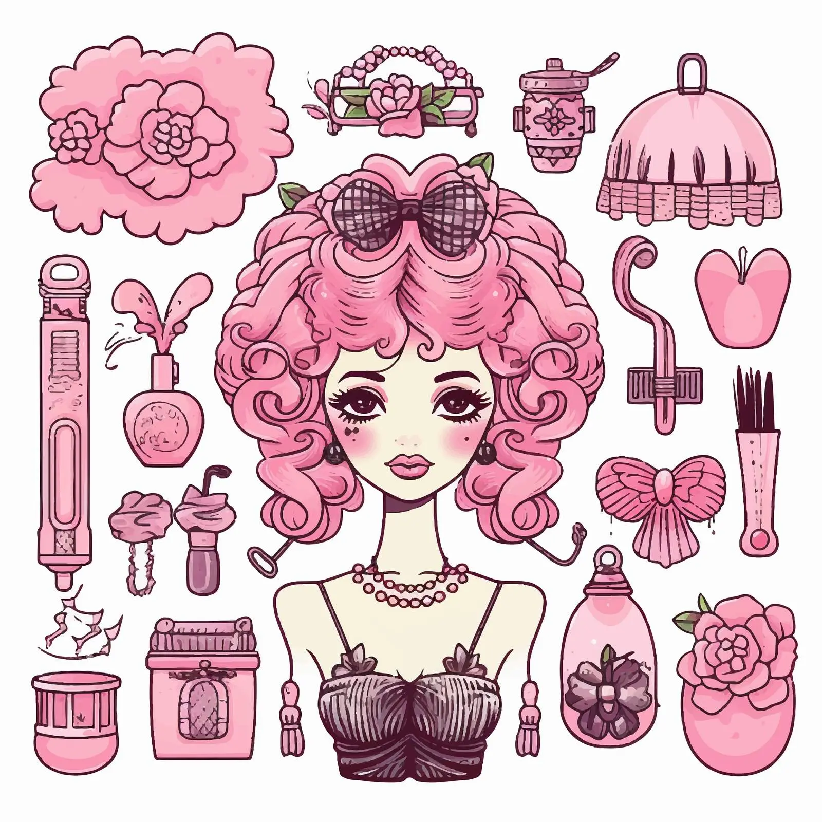Pink Doodle Style Doll Accessory Set Portrait — free download from Dotvec