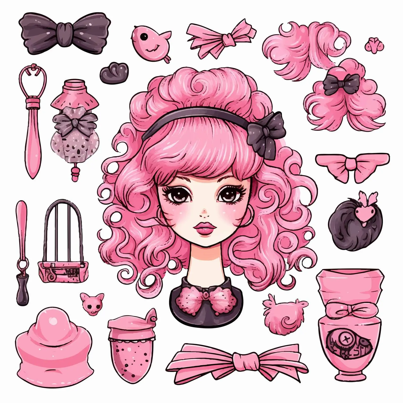 Doodle Style Fashion Doll Portrait Accessories — free download from Dotvec