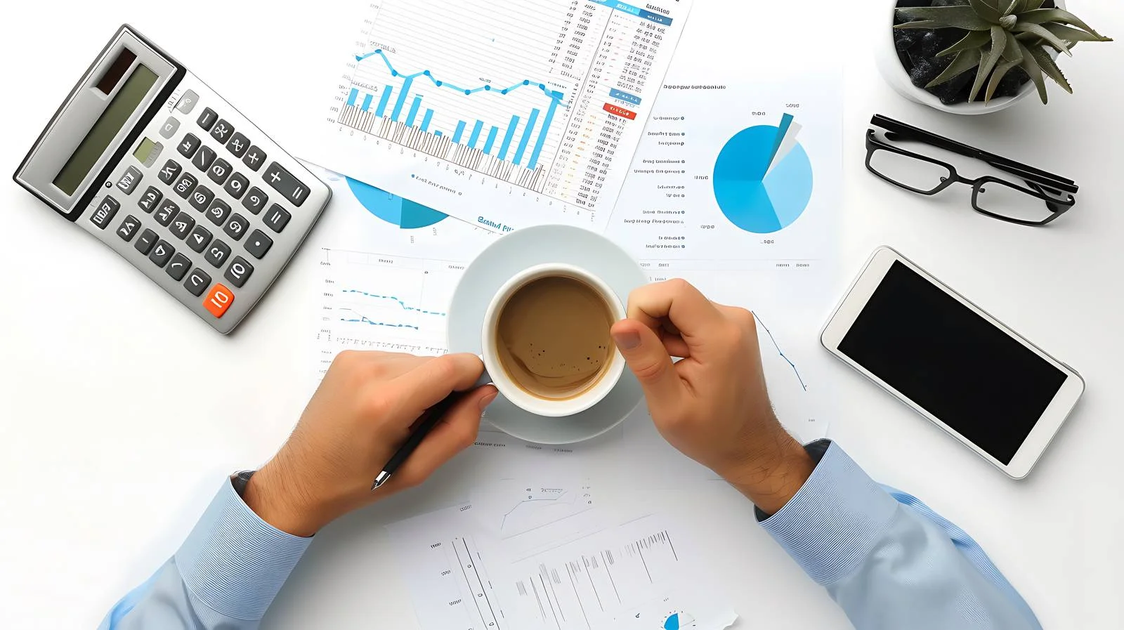 Accountant Multitasking with Coffee and Calculator — free download from Dotvec