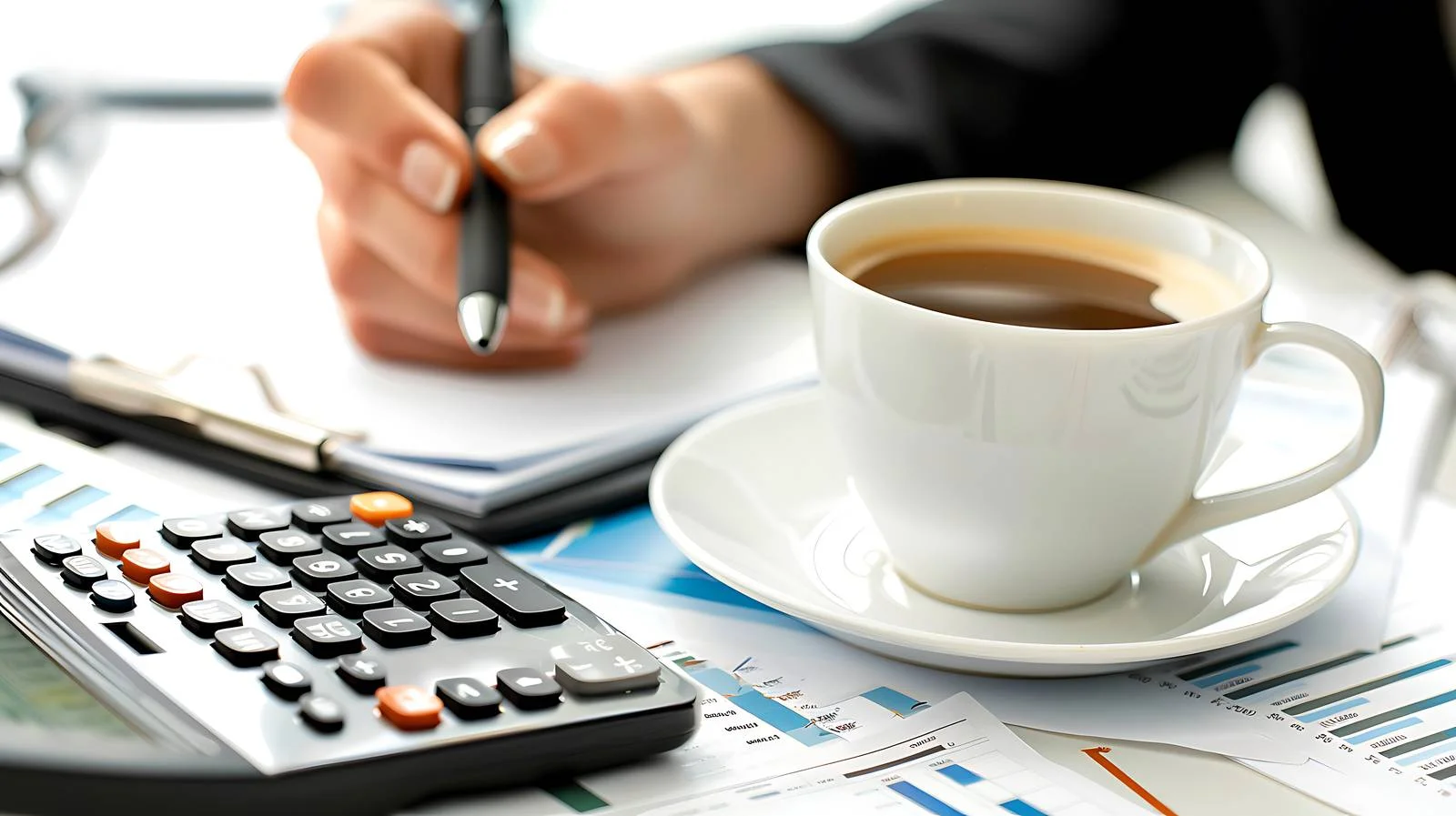Accountant Multitasking with Calculator and Coffee — free download from Dotvec