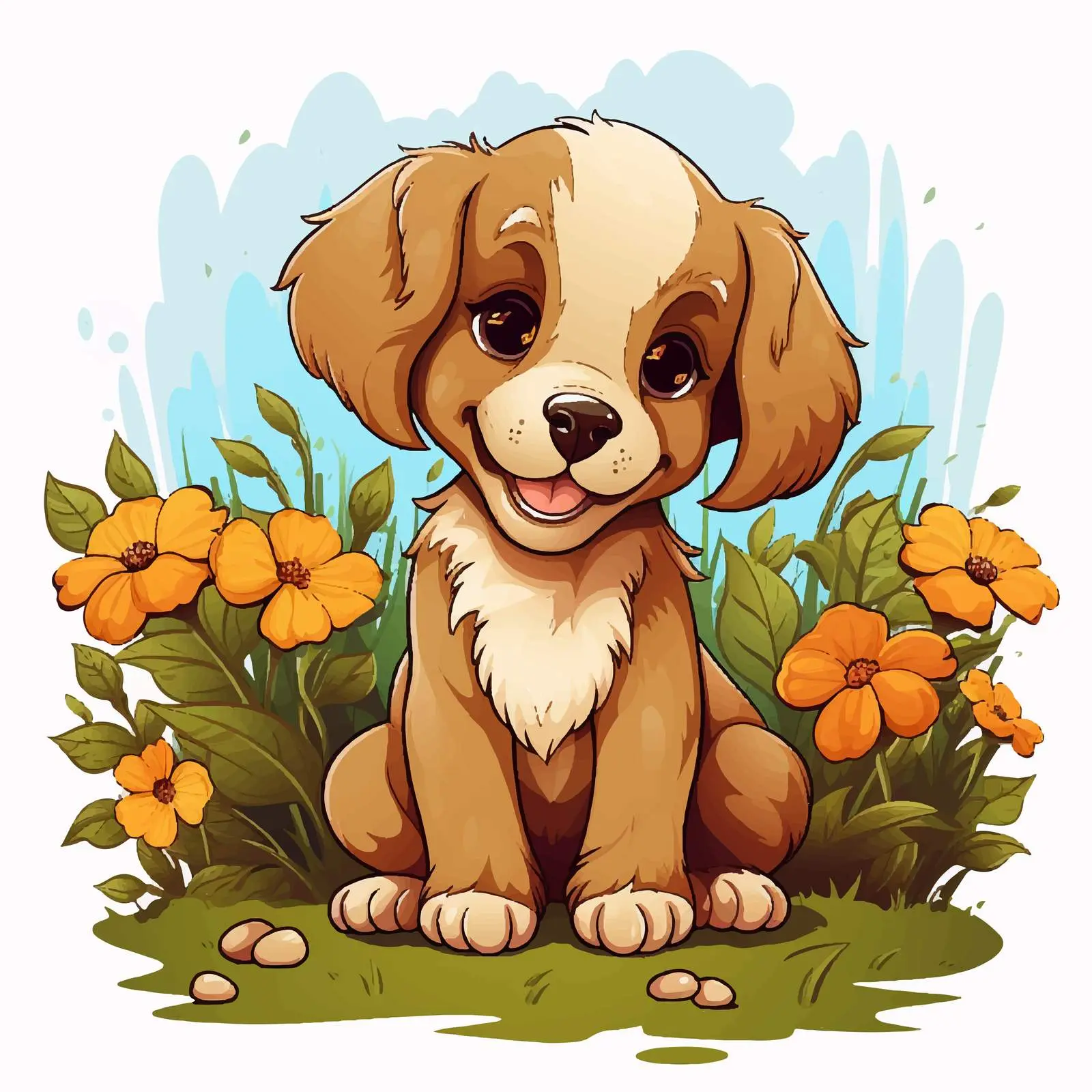 Cute Brown Puppy in Colorful Garden Vector — free download from Dotvec
