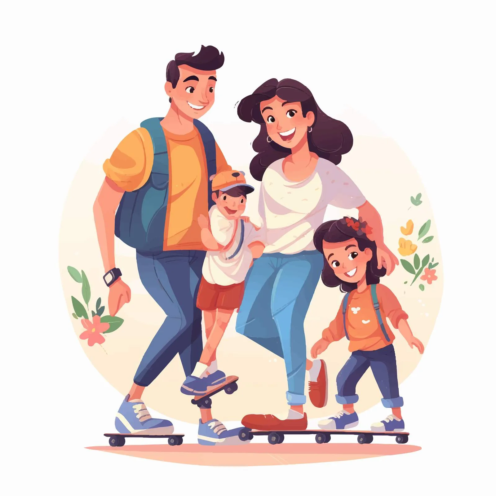 Happy Family on Skates and Skateboard — free download from Dotvec