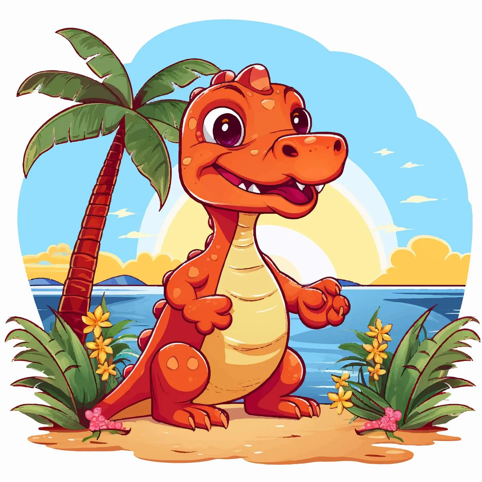 Adorable Red Dinosaur in Tropical Landscape Vector — free download from Dotvec