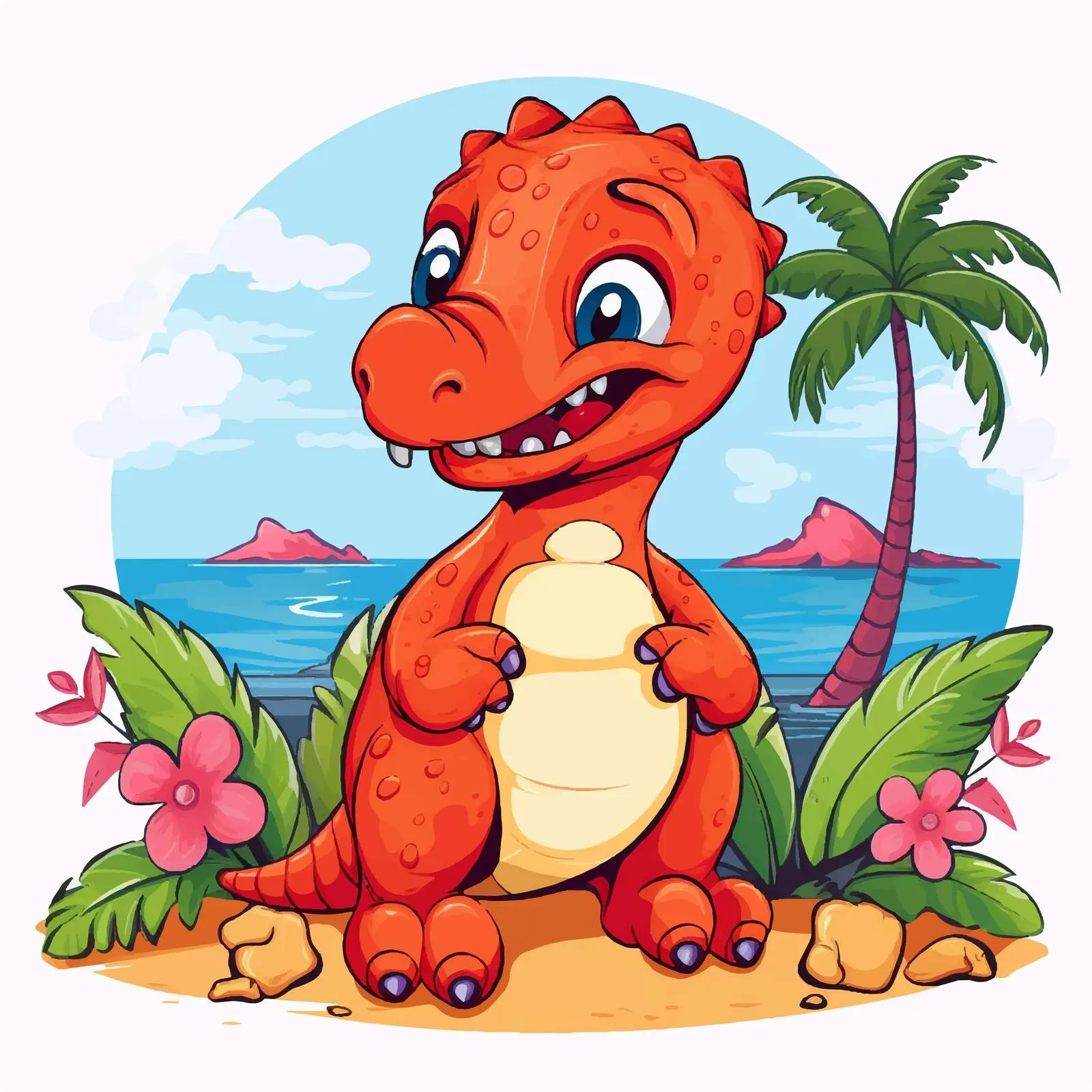 Adorable Red Dinosaur in Tropical Landscape Vector — free download from Dotvec
