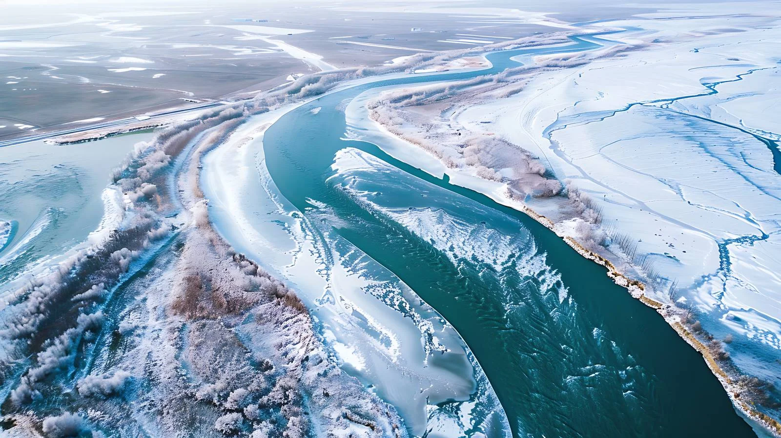 Winter Aerial View of Frozen River Island — free download from Dotvec