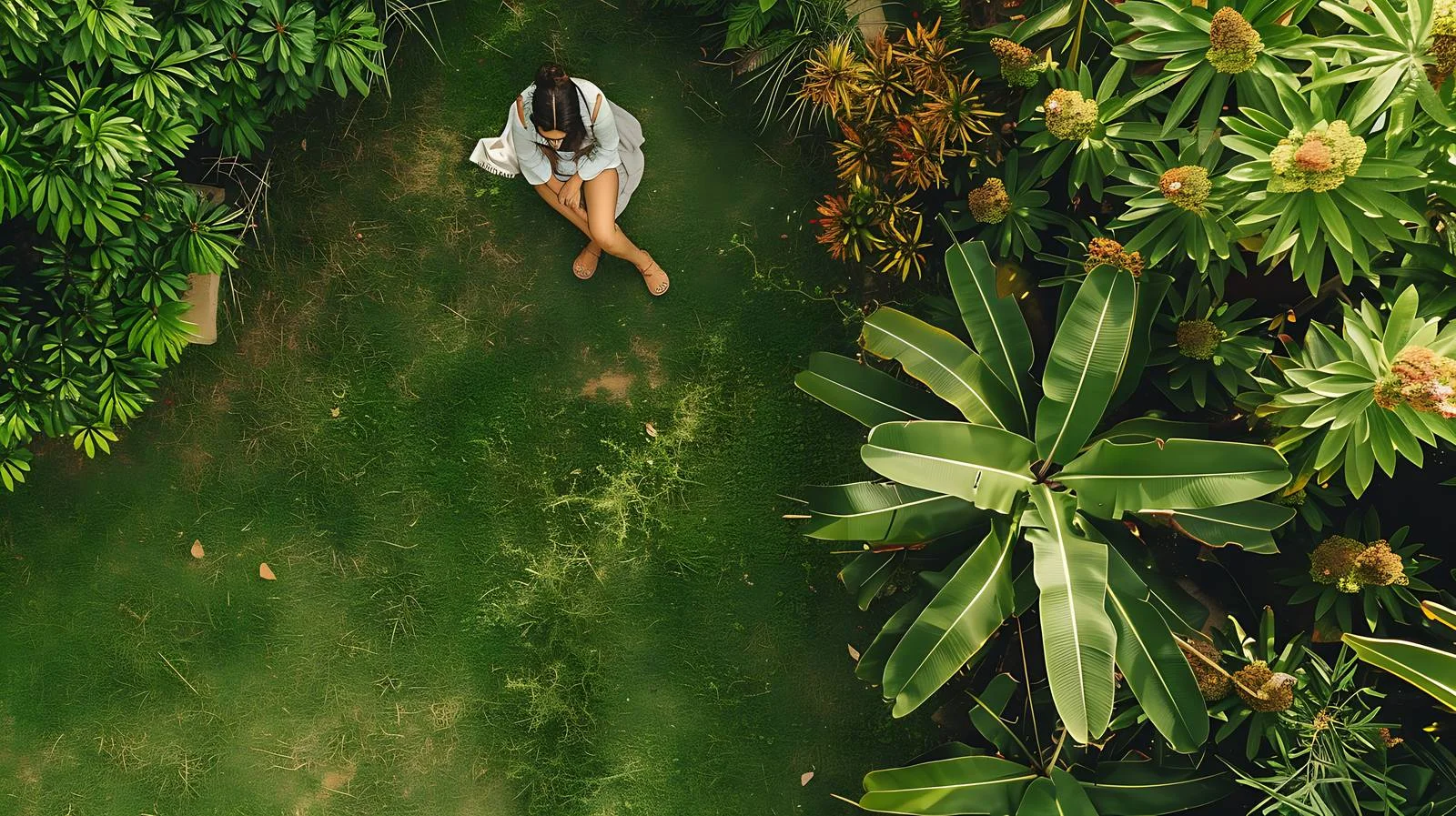 Tranquil woman enjoying garden solitude aerially — free download from Dotvec