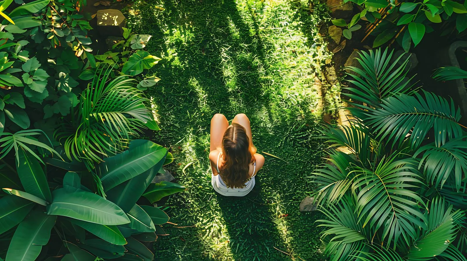 Tranquil aerial view of lady amidst garden — free download from Dotvec