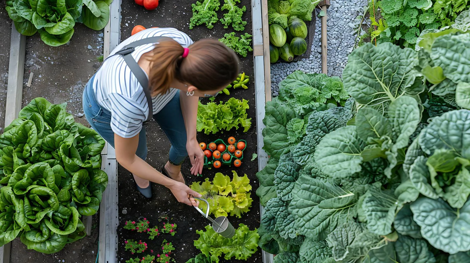 Woman Watering Vegetable Garden Aerial View — free download from Dotvec