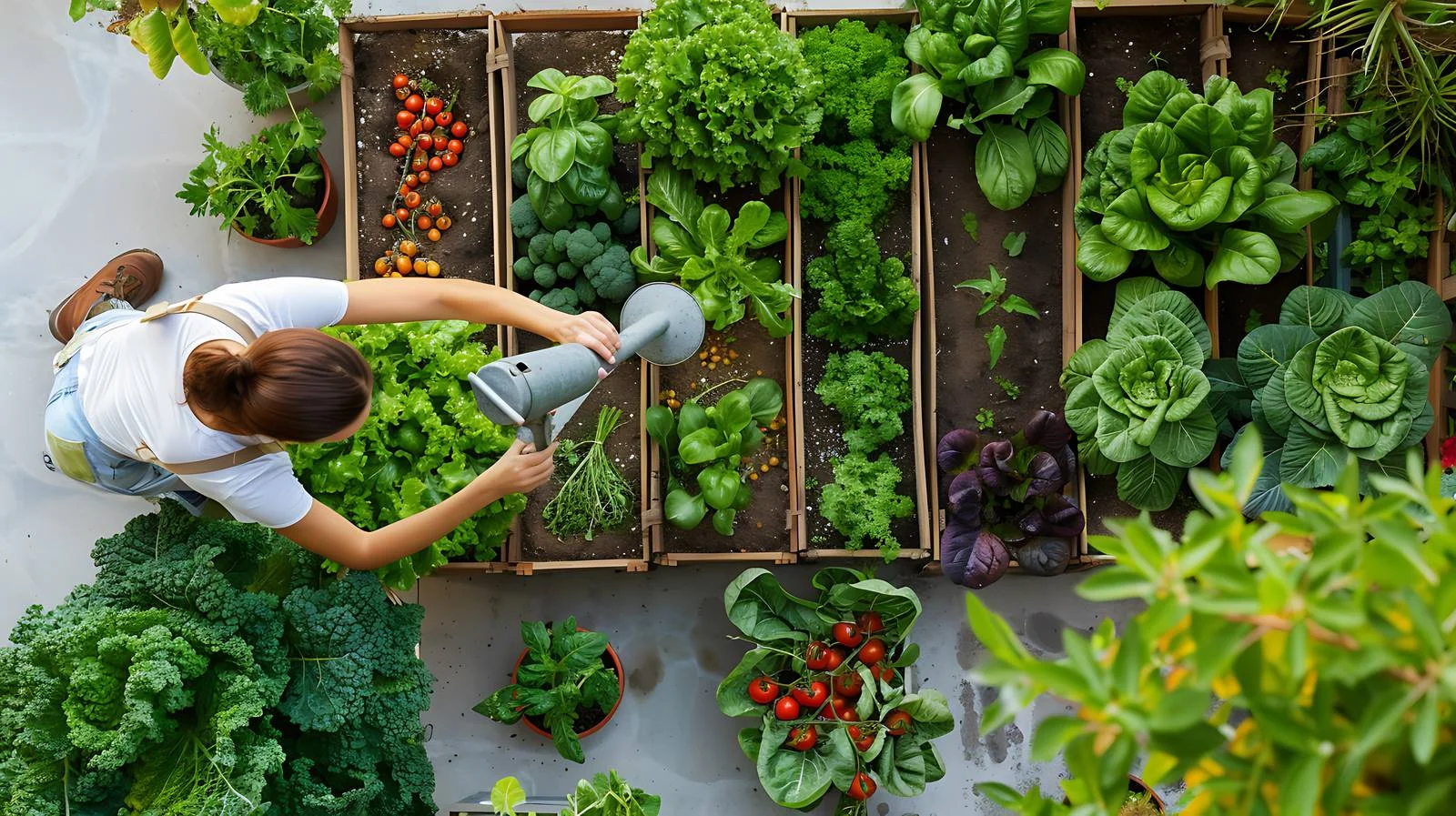Aerial Woman Watering Vegetables View — free download from Dotvec