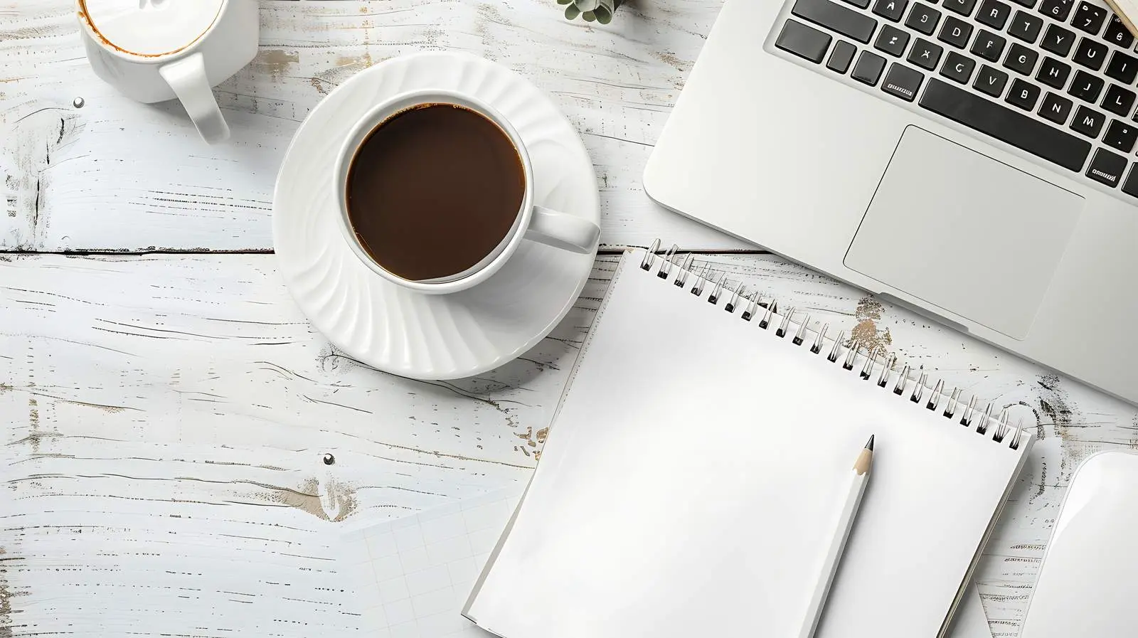 Elegant Workspace with Notebook and Coffee Cup – free page image from Dotvec
