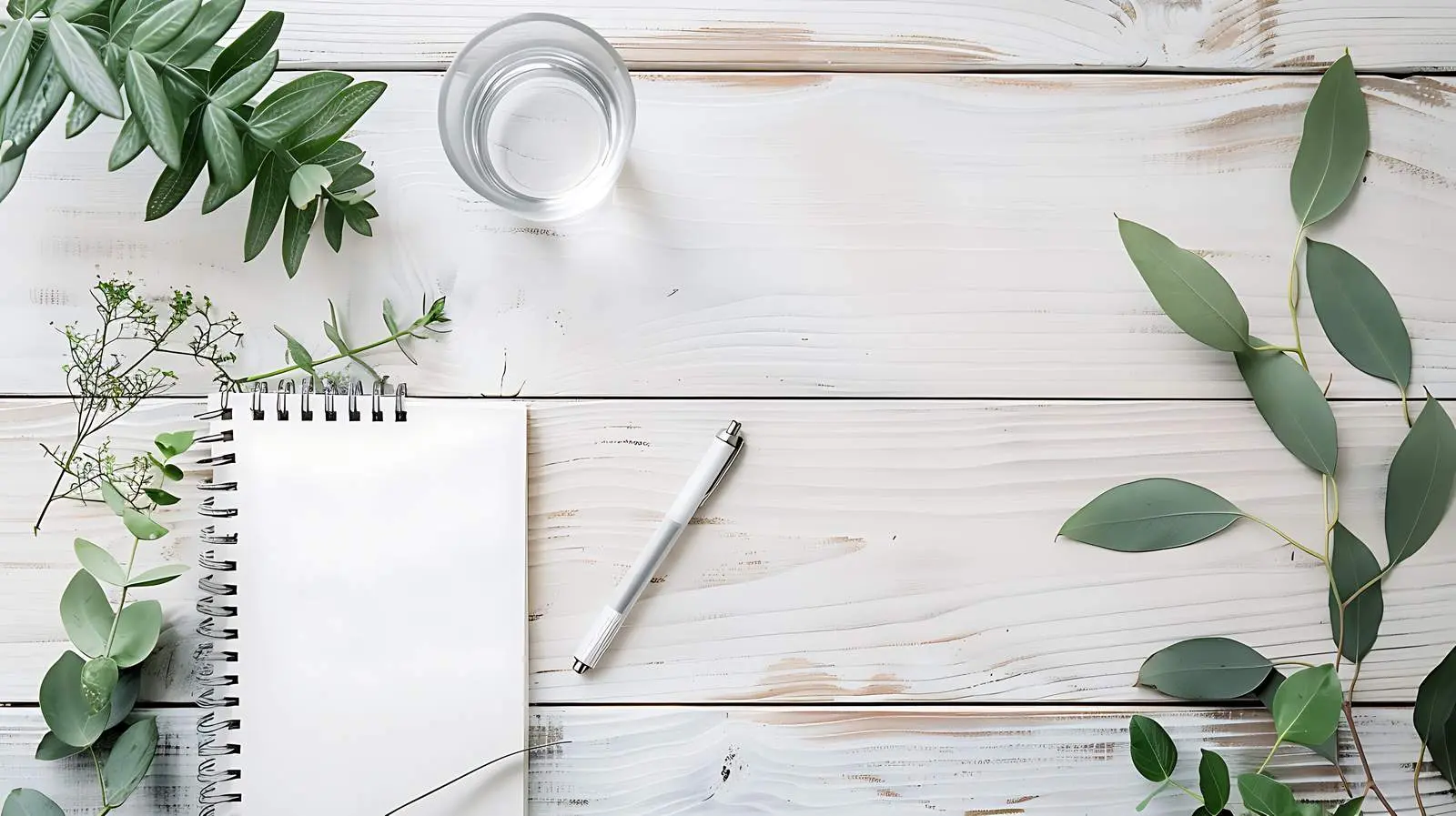 Elegant Workspace with Notebook and Water Glass – free desktop setup image from Dotvec