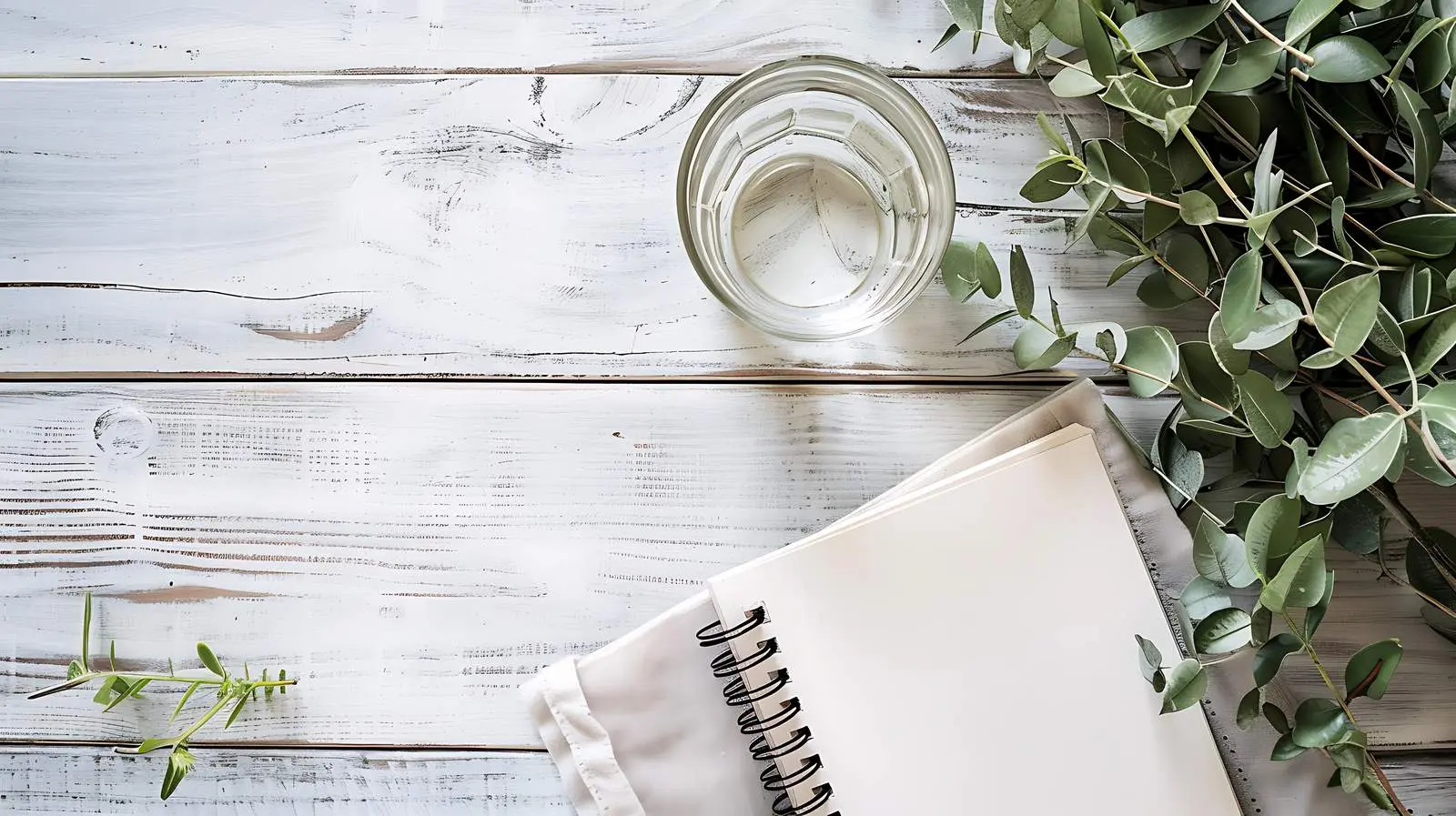 Elegant Workspace with Notebook and Glass of Water — free download from Dotvec