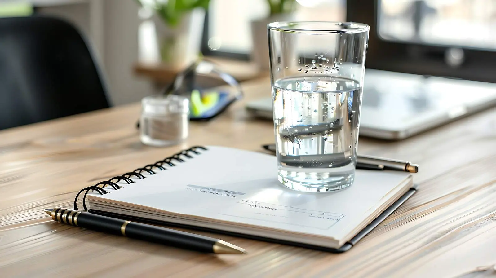 Aesthetic Minimalist Notebook with Glass of Water — free download from Dotvec