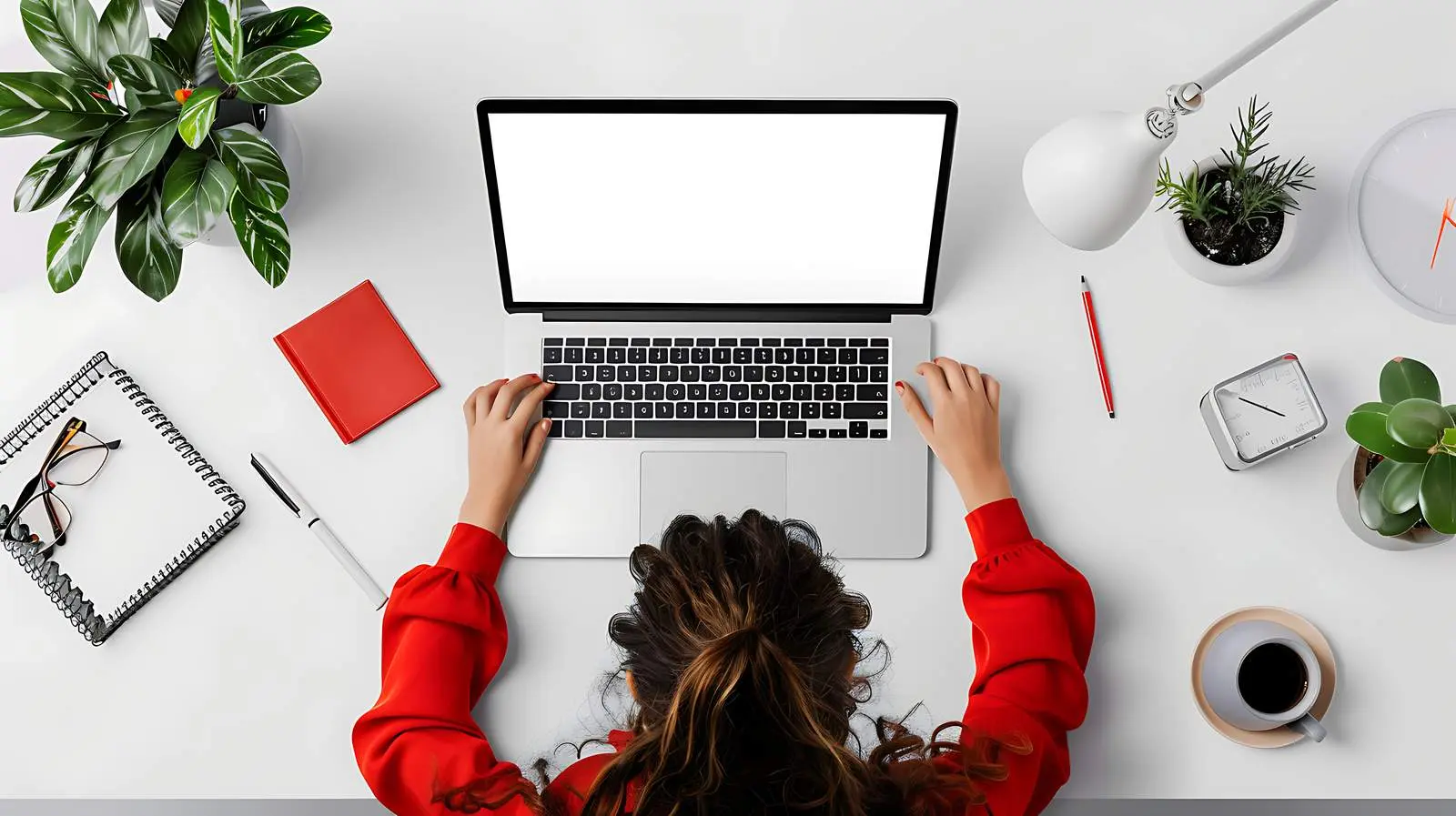 Aesthetic Minimalist Home Office Workspace with Woman — free download from Dotvec