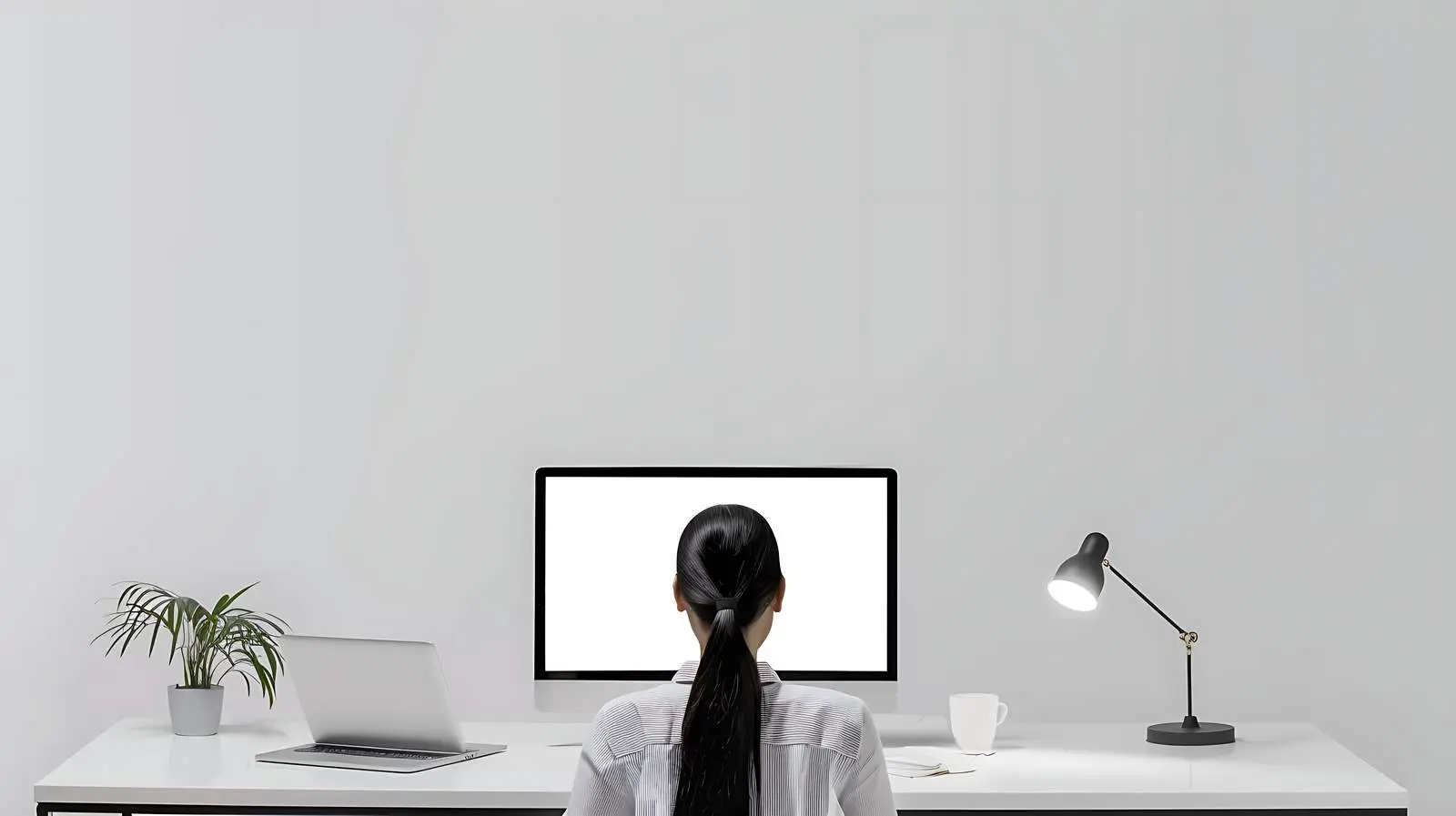 Aesthetic Minimalist Home Office Workspace with Woman — free download from Dotvec