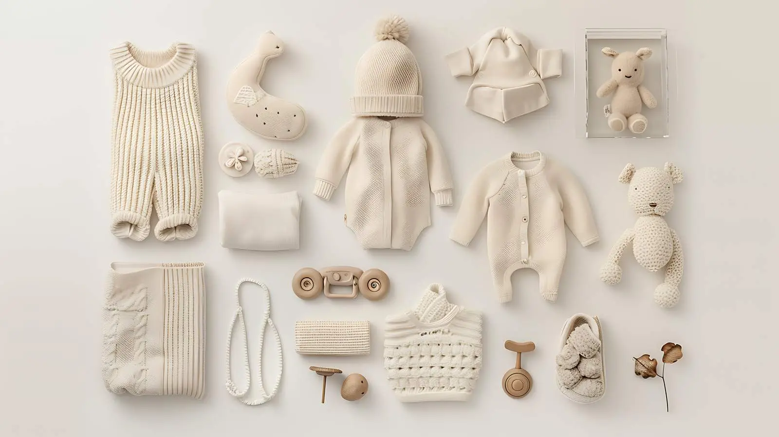 Aesthetic Scandinavian Baby Clothes and Accessories Collage – free playtime essentials image from Dotvec