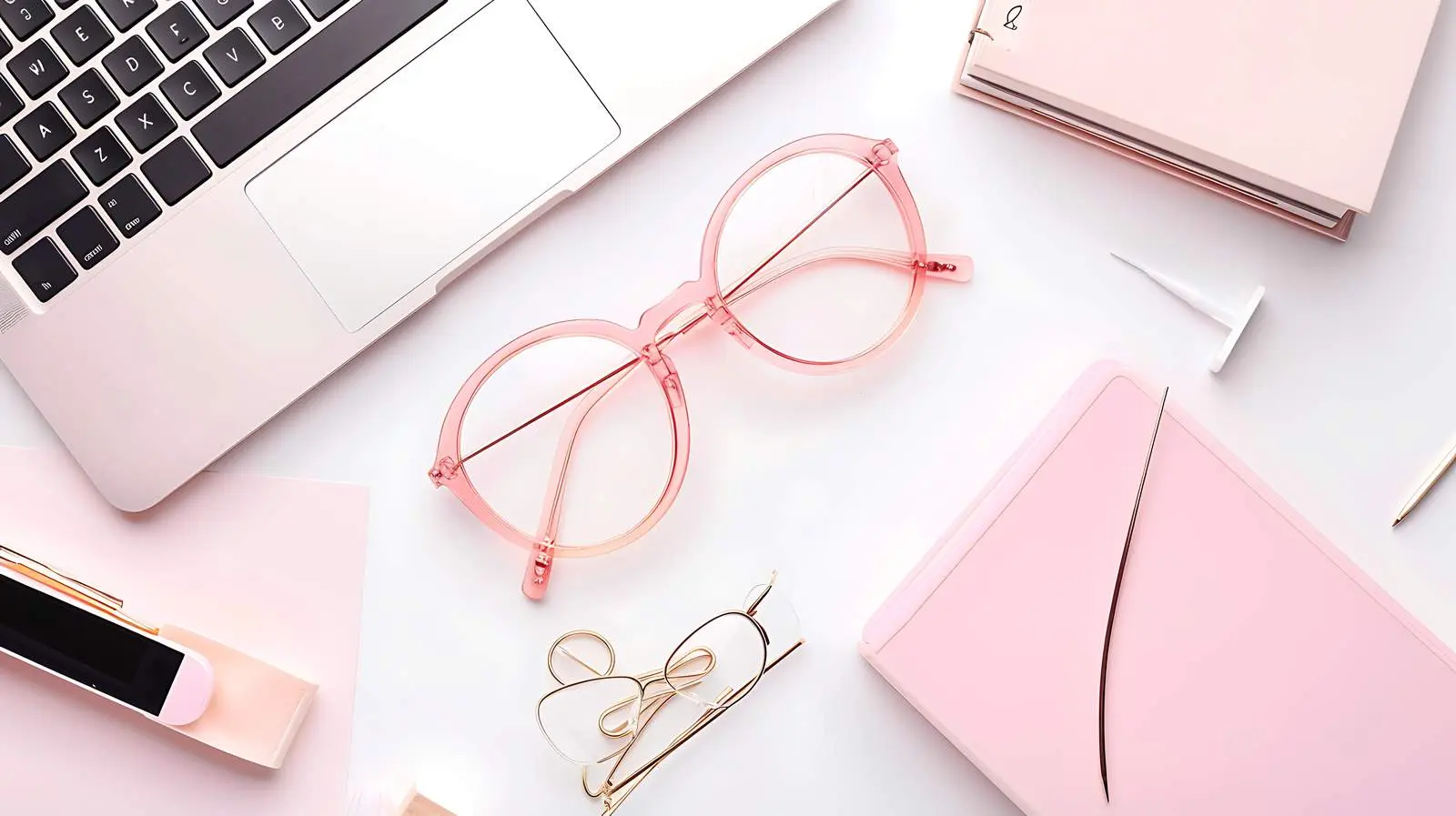 Aesthetic Female Workspace with Laptop and Glasses — free download from Dotvec