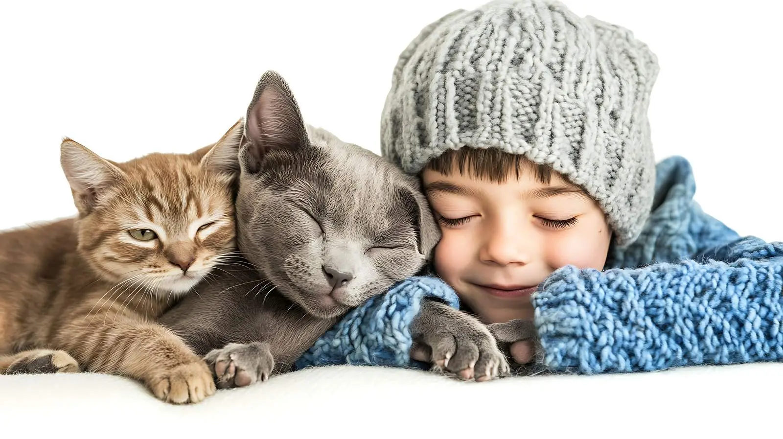 Affectionate Boy with Pit Bull Puppy and Cat — free download from Dotvec