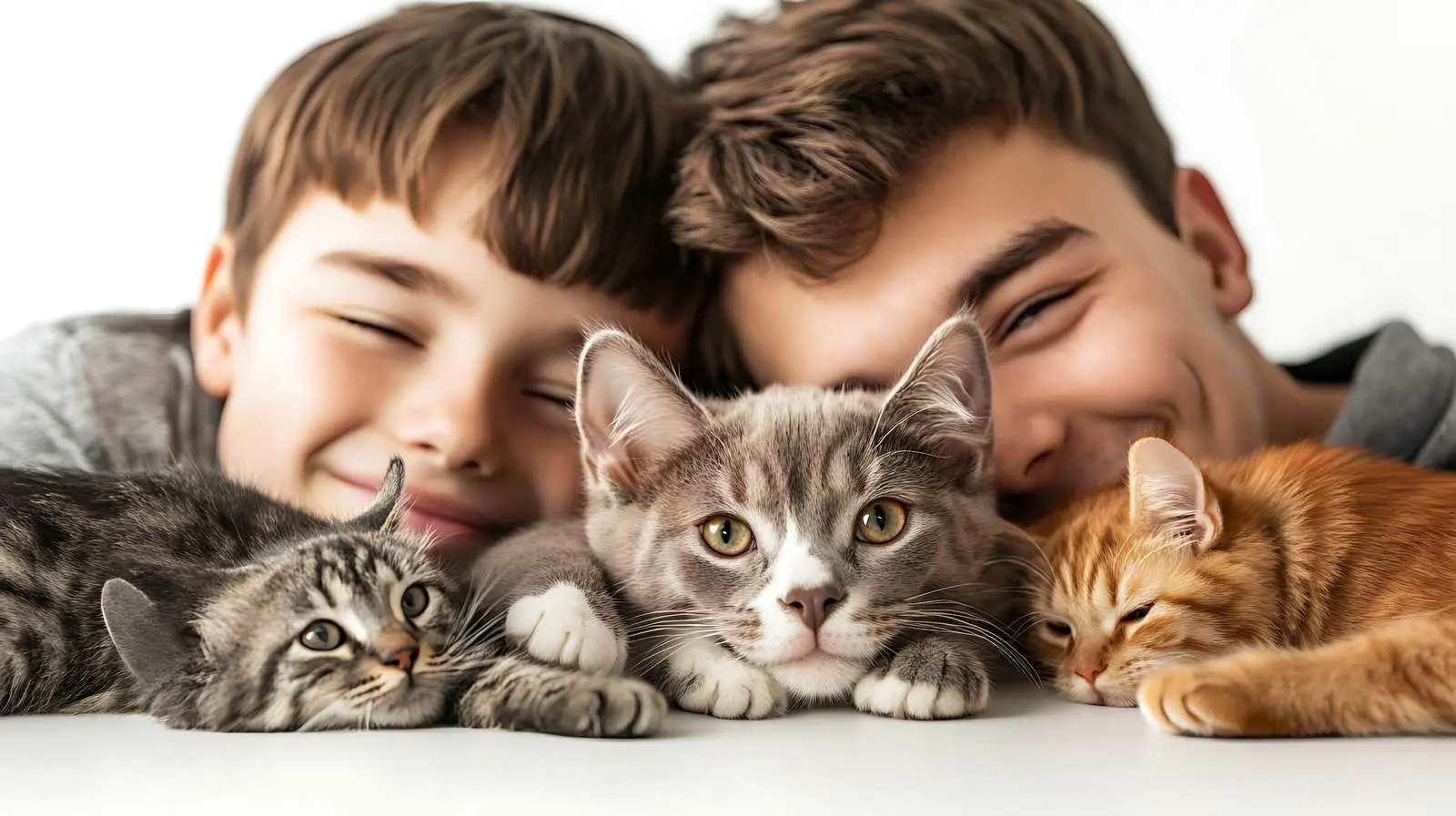 Affectionate Boy with Pit Bull Puppy and Cat — free download from Dotvec