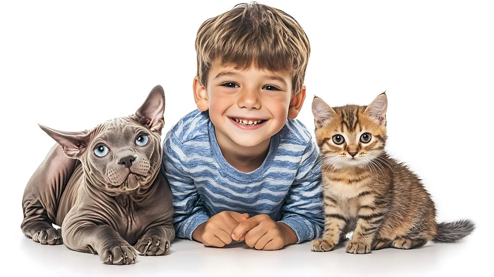 Boy with Pit Bull Puppy and Cat Together – free youthful energy image from Dotvec