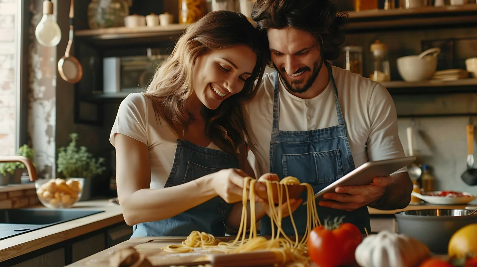 Intimate Couple Cooking Spaghetti Together — free download from Dotvec