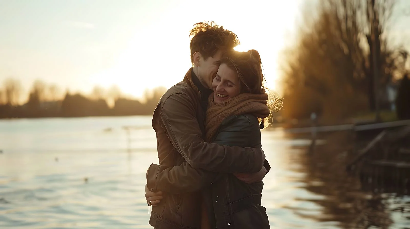 Romantic Couple Embracing by Riverbank — free download from Dotvec