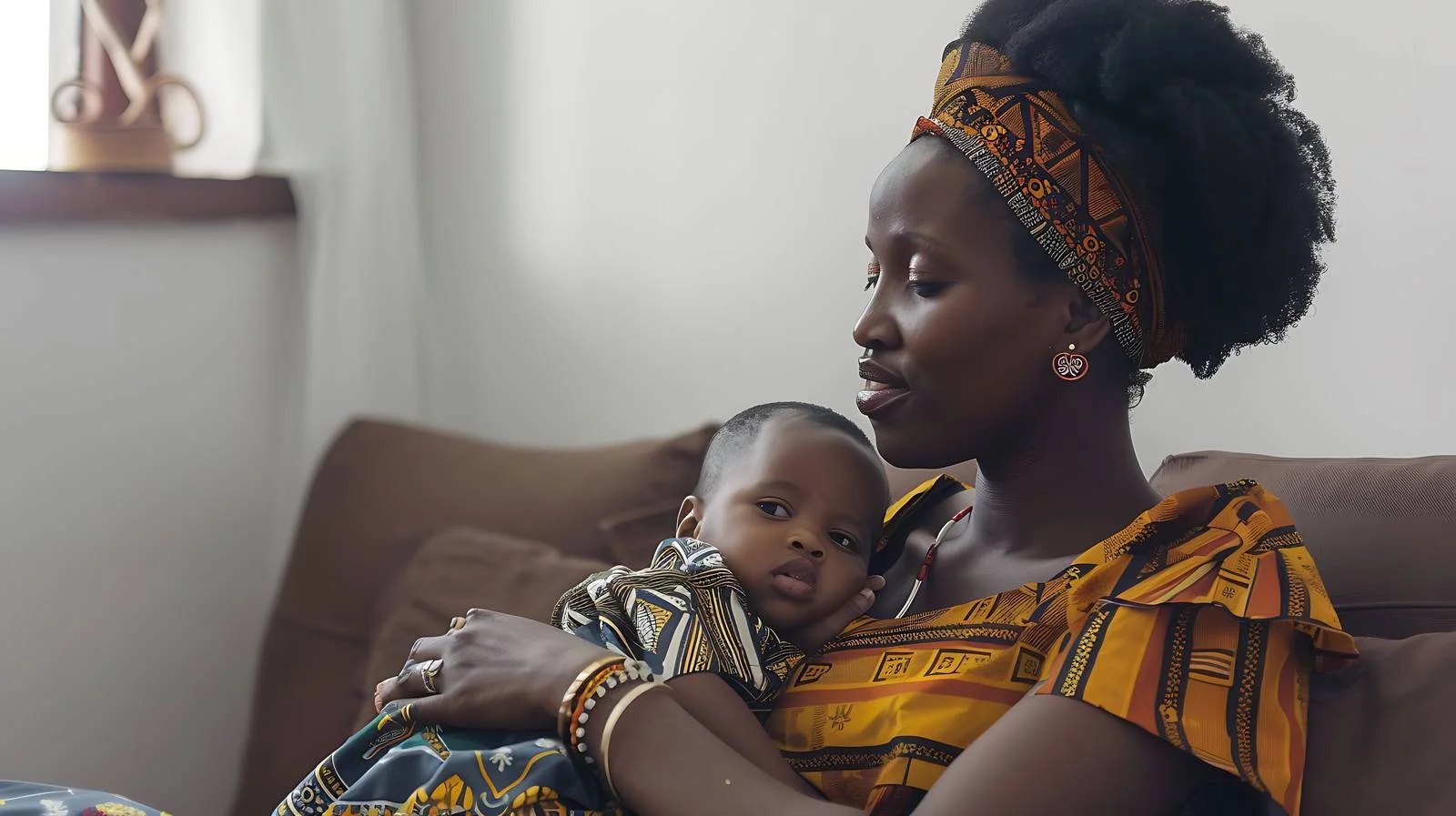 Caring African Mother Breastfeeds Infant on Sofa — free download from Dotvec