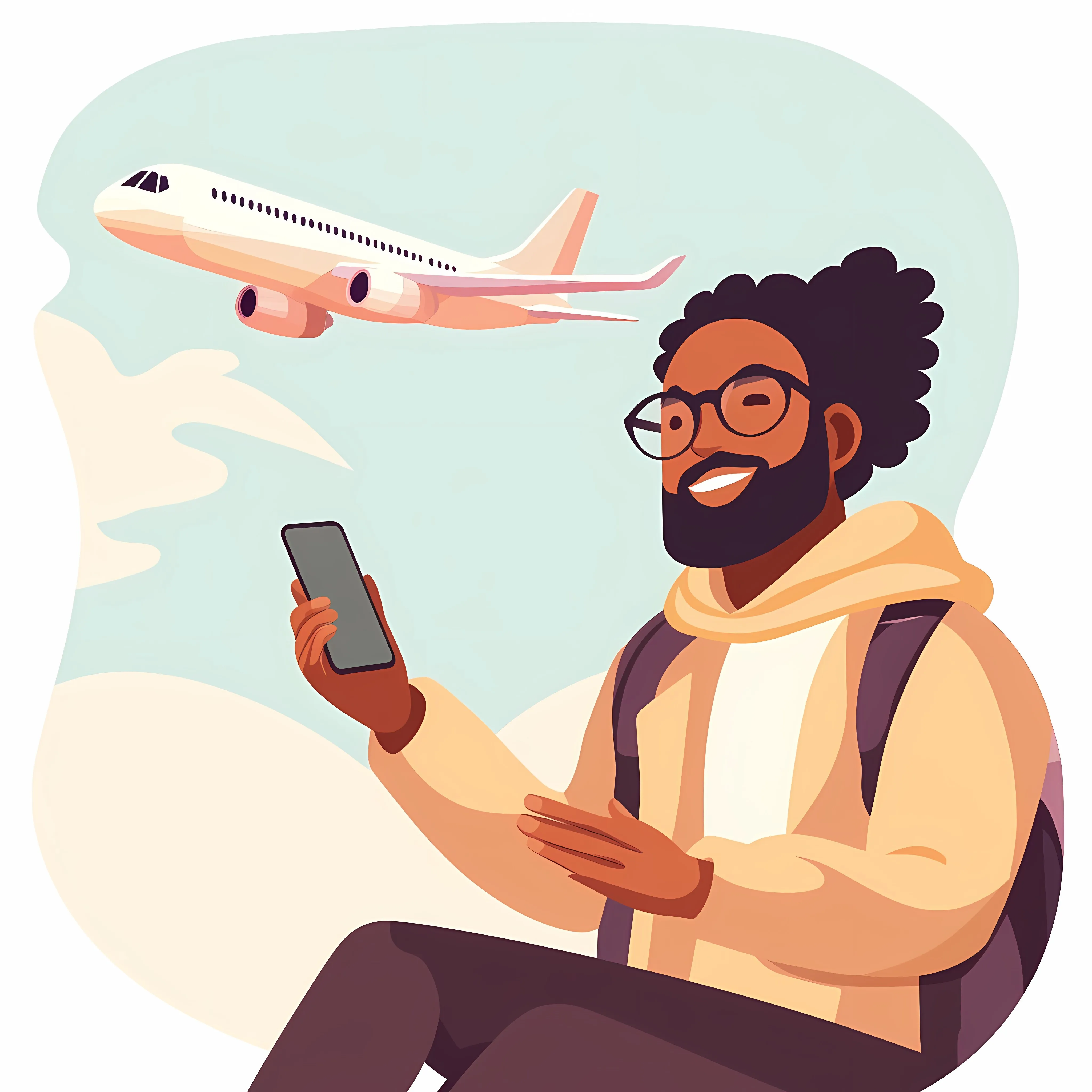 Afro Traveler Using Smartphone with Airplane — free download from Dotvec