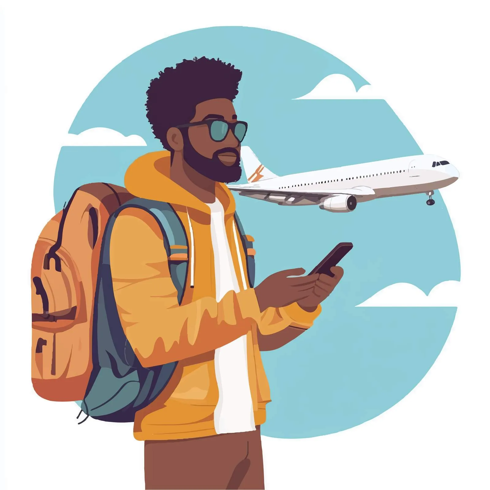 Afro Traveler with Smartphone and Airplane Vector — free download from Dotvec