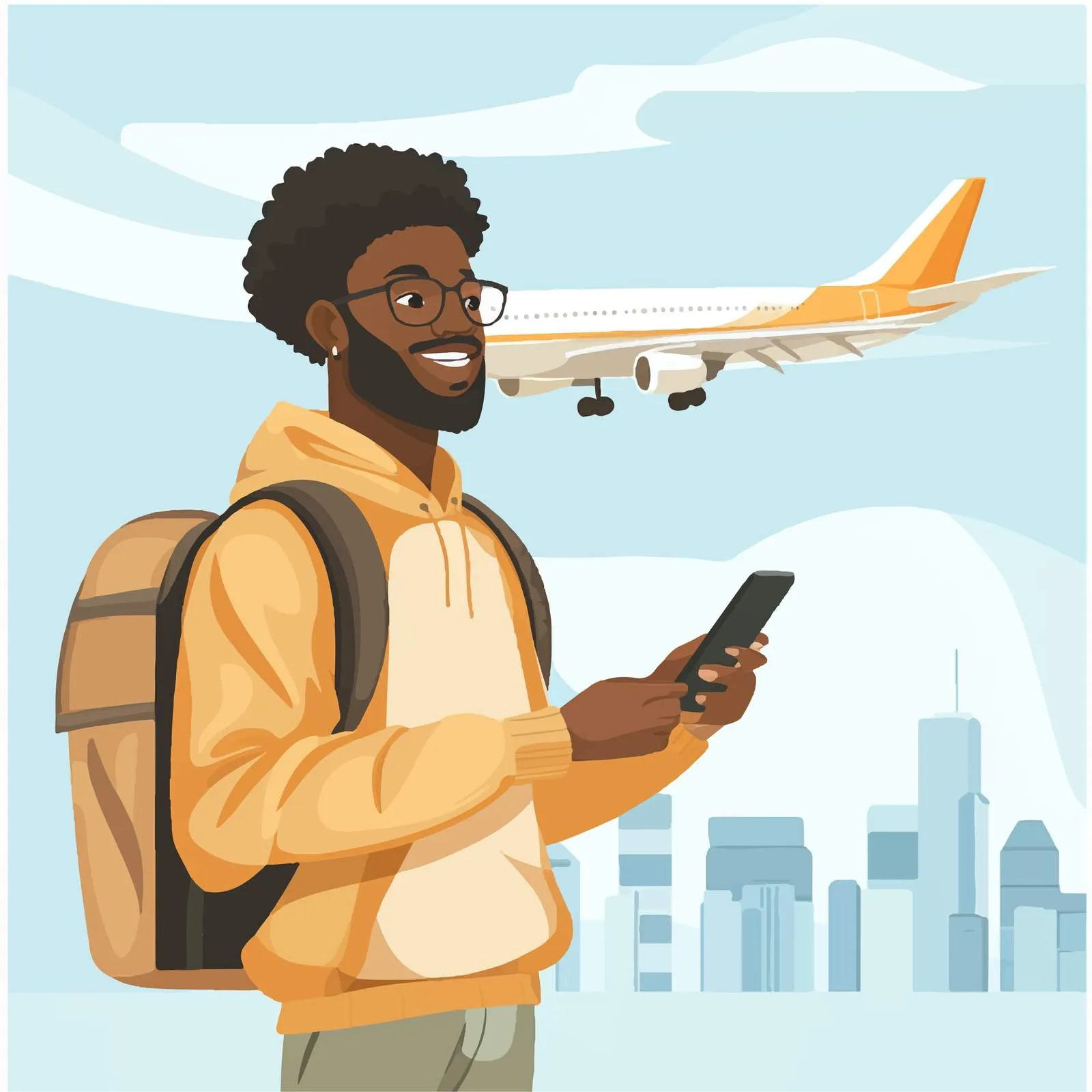 Afro Traveler with Smartphone and Airplane Vector – free adventure planning image from Dotvec