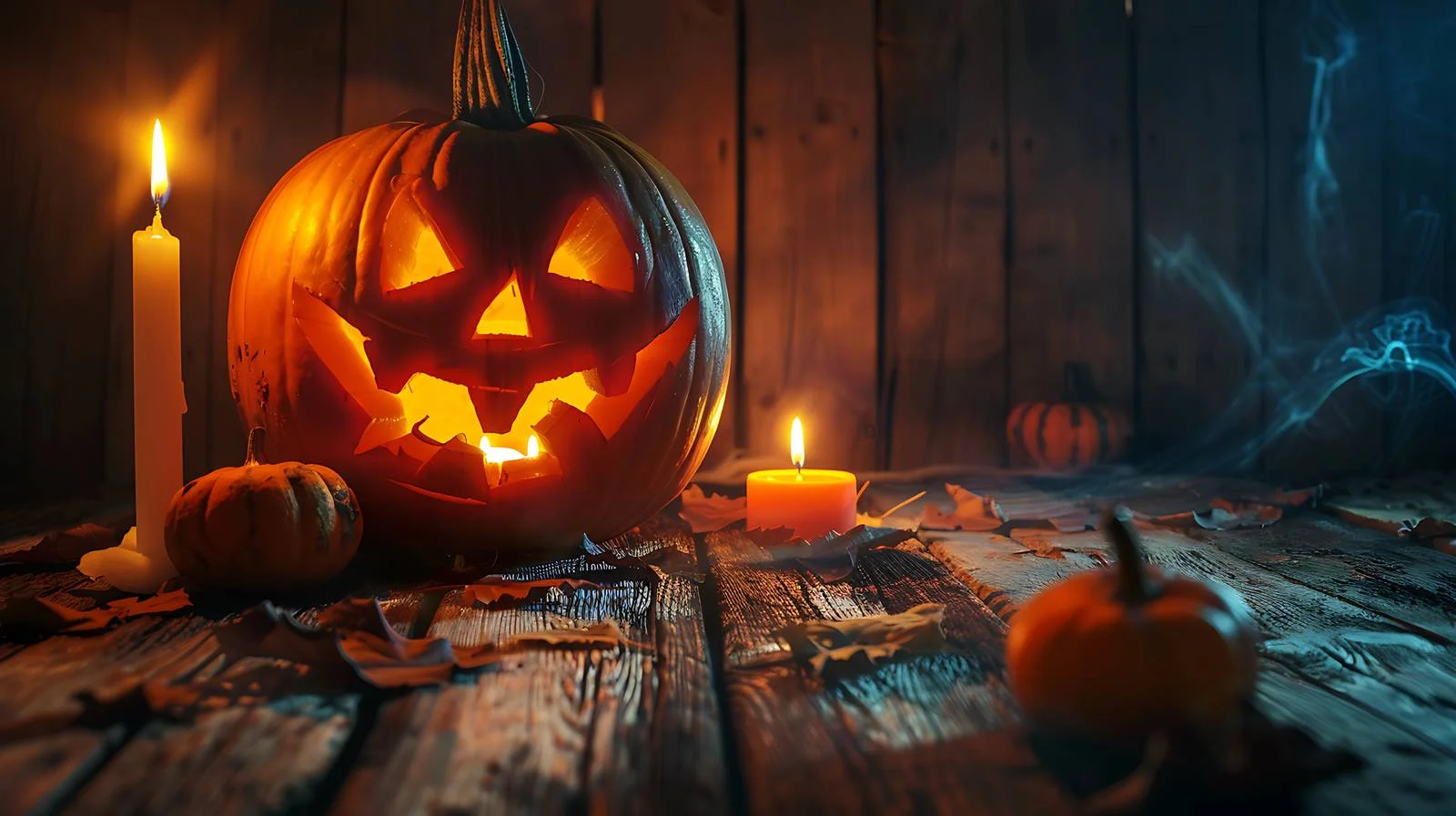 Intricate Halloween Pumpkin Carving Against Wooden Background — free download from Dotvec