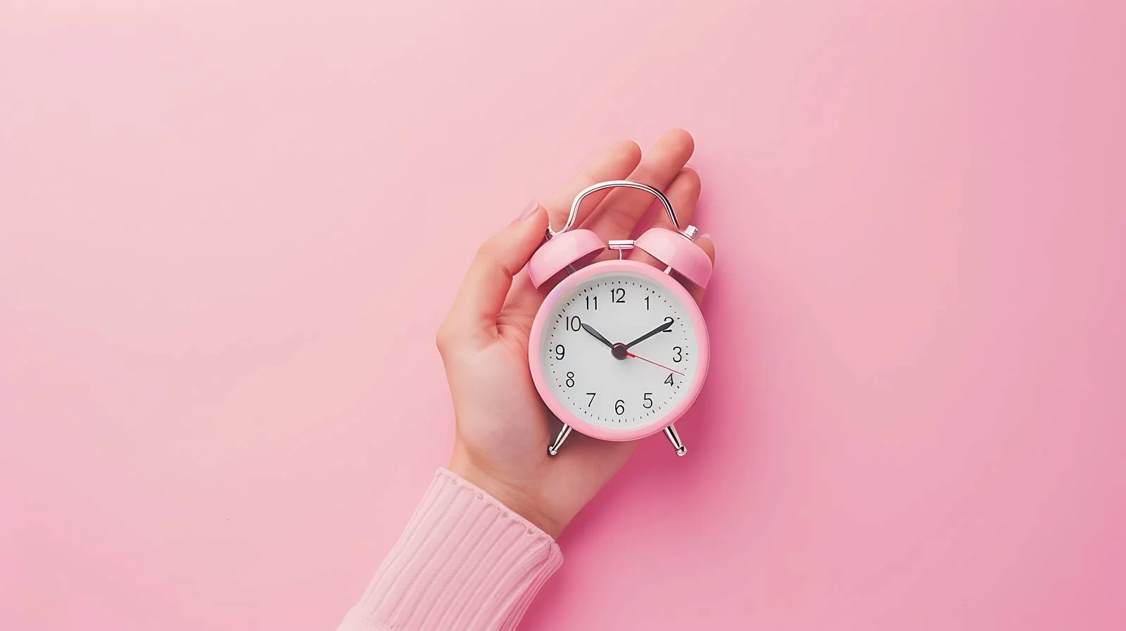 Woman Holding Alarm Clock on Pink Background — free download from Dotvec