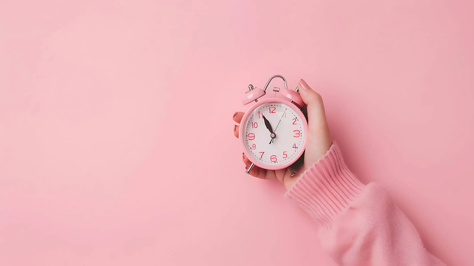 Woman Holding Alarm Clock on Pink Background — free download from Dotvec