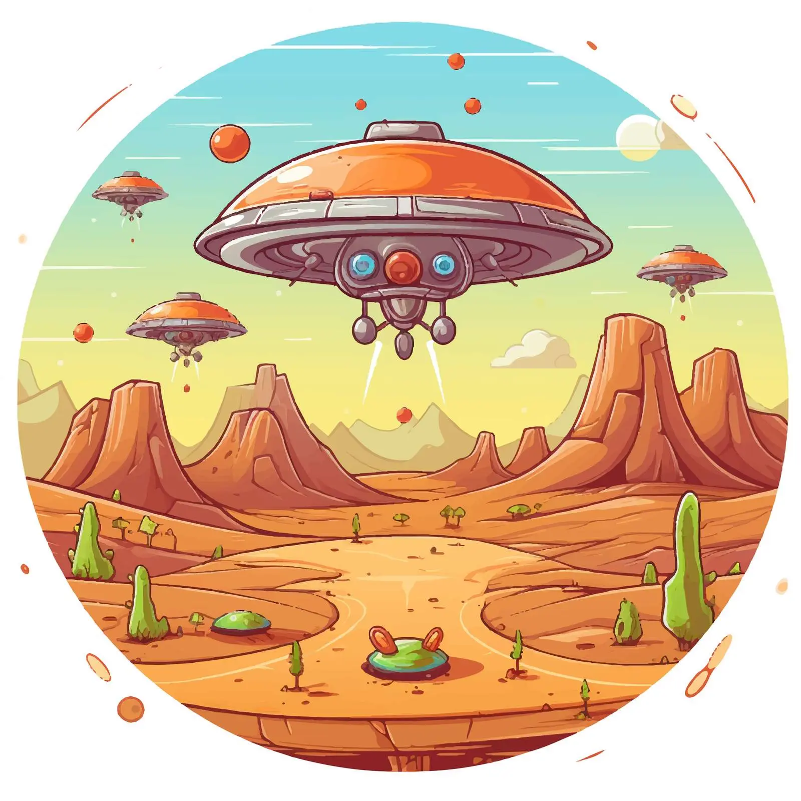 Cartoon Aliens in UFO on Another Planet — free download from Dotvec