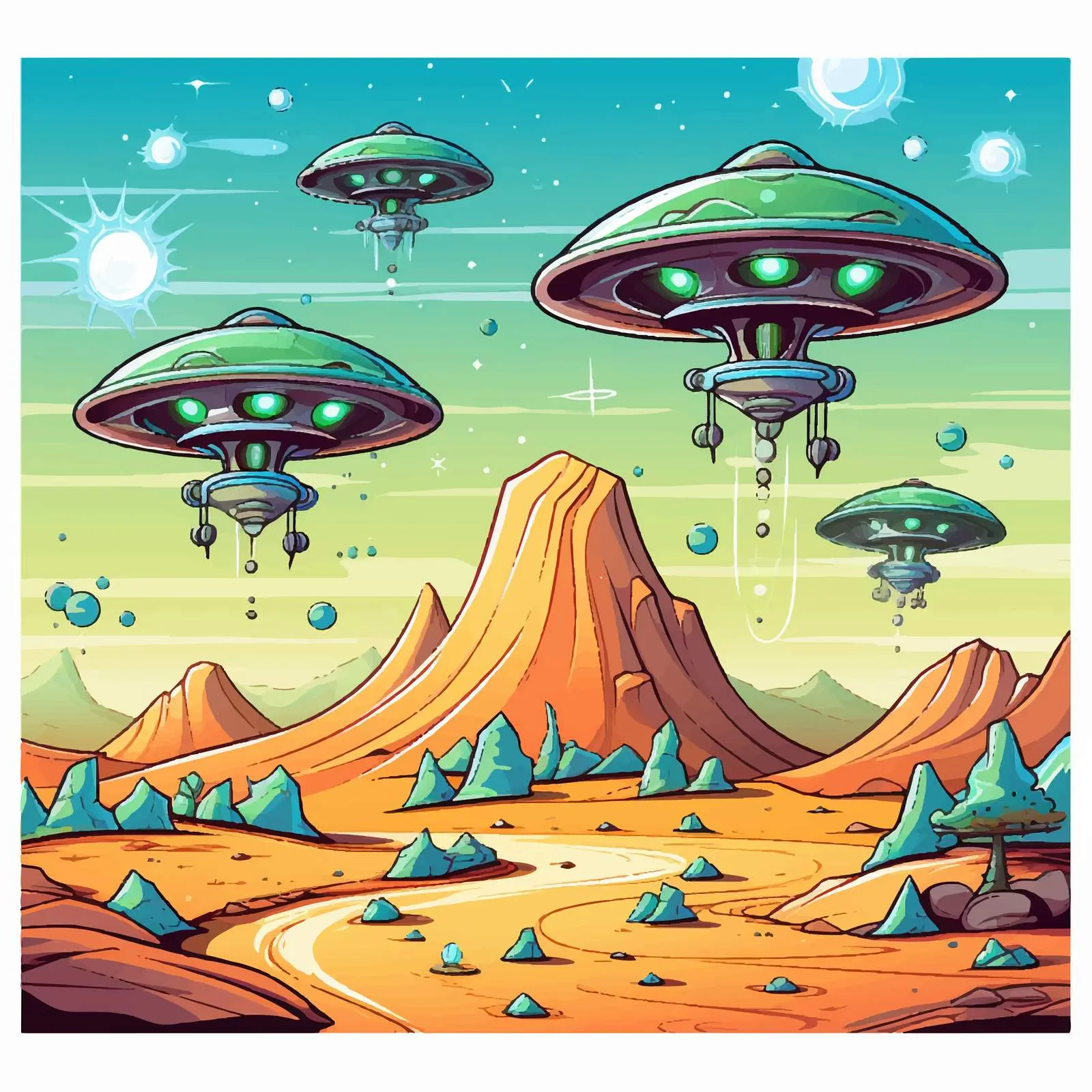 Cartoon Aliens in a UFO on Another Planet — free download from Dotvec