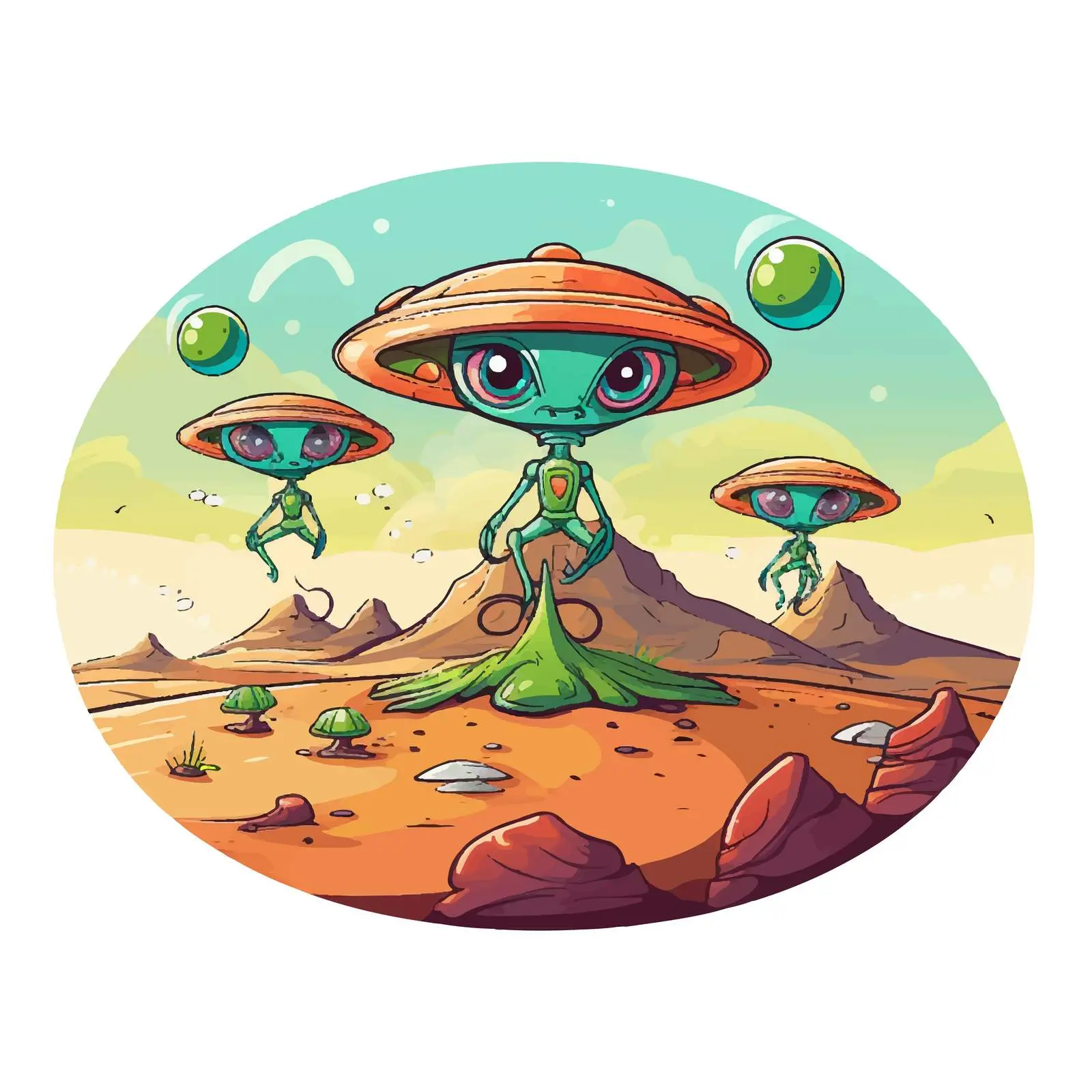 Cartoon Aliens in UFO on Another Planet — free download from Dotvec
