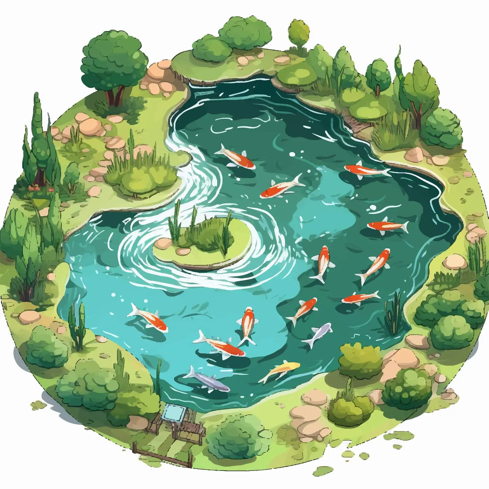 Aerial View of Cartoon Fish Pond Illustration — free download from Dotvec