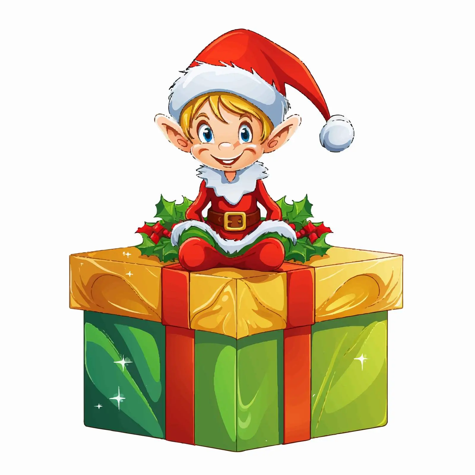 Elf Sitting on a Large Gift Box Illustration — free download from Dotvec