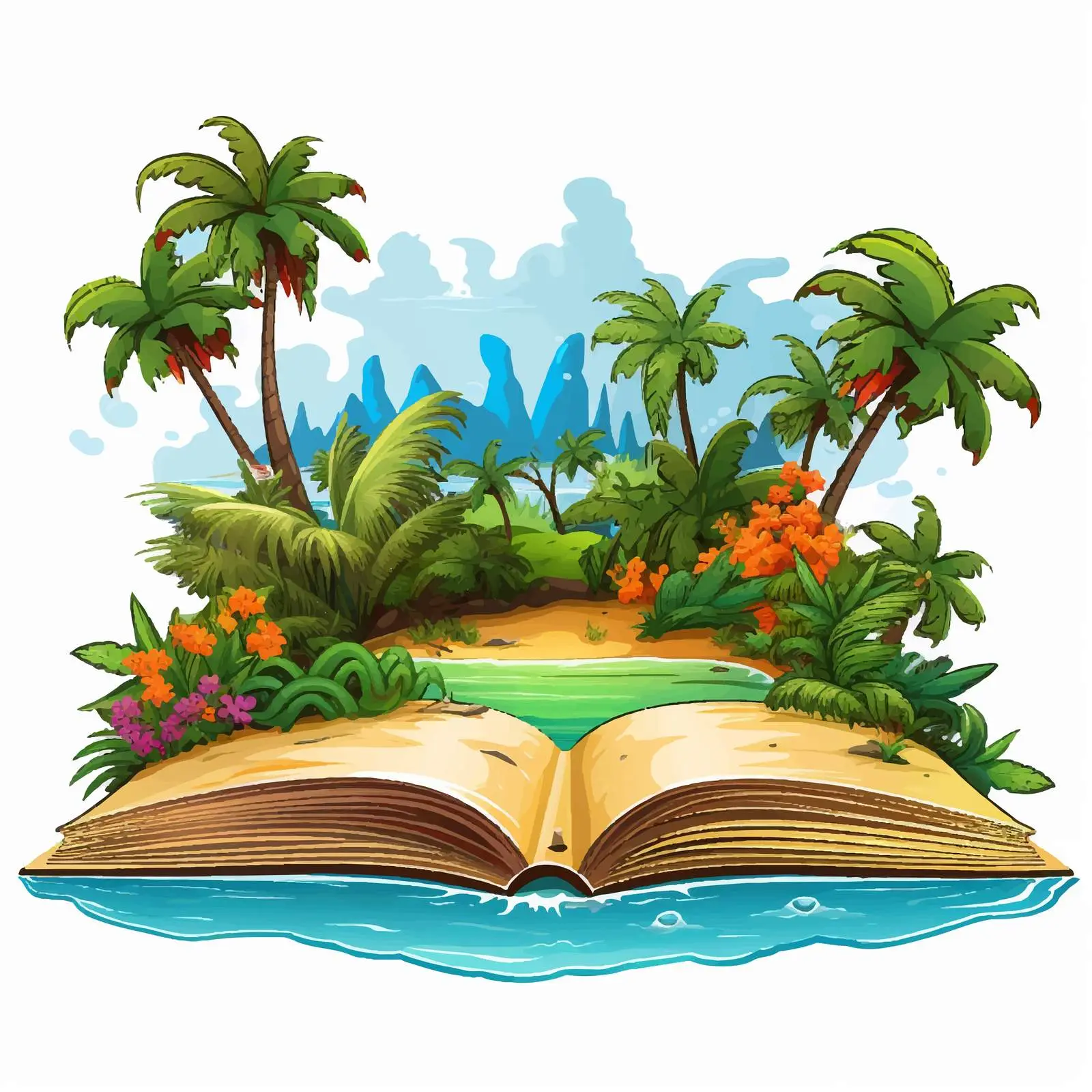 Open Book Illustrating Tropical Island Scene — free download from Dotvec